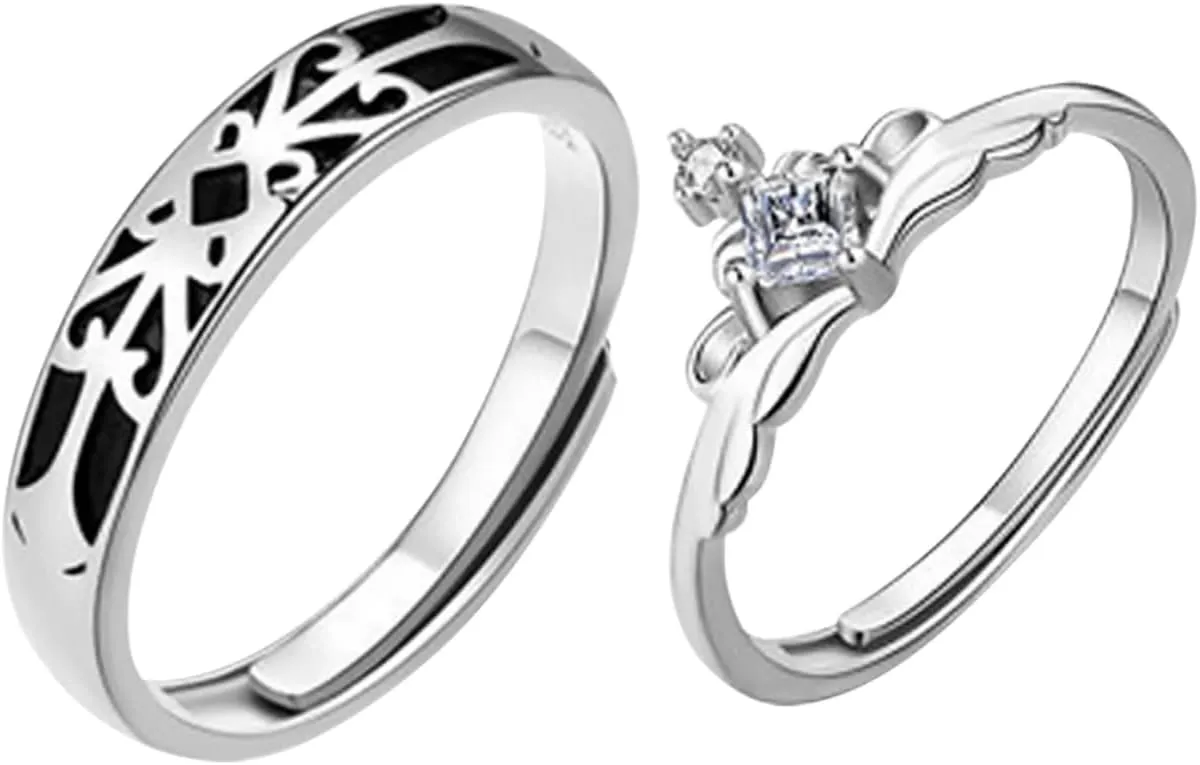 1 Pair Couples Ring Set Full Finger Matching Ring Set for Women Men Romantic Engagement Promise Ring Set Adjustable Size for Valentine's Day