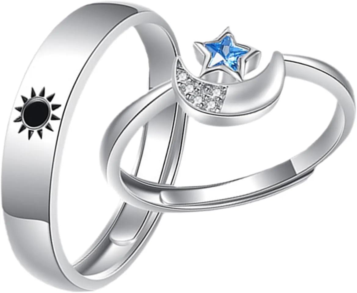 1 Pair Silver Moonstone Jewelry Couple Ring Set Matching Ring for Lovers