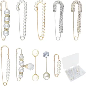 10 Crystal Waistband Pins Fashion Brooch Sweater Shawl Clips Retro Rhinestone Pearl Brooch Pins for Women Girls Costume Accessory