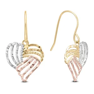 10K Tri Color Gold Heart Drop Earring With Fish Hook