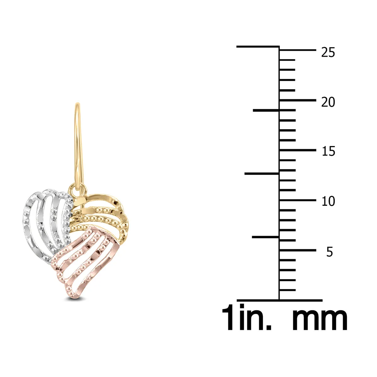 10K Tri Color Gold Heart Drop Earring With Fish Hook