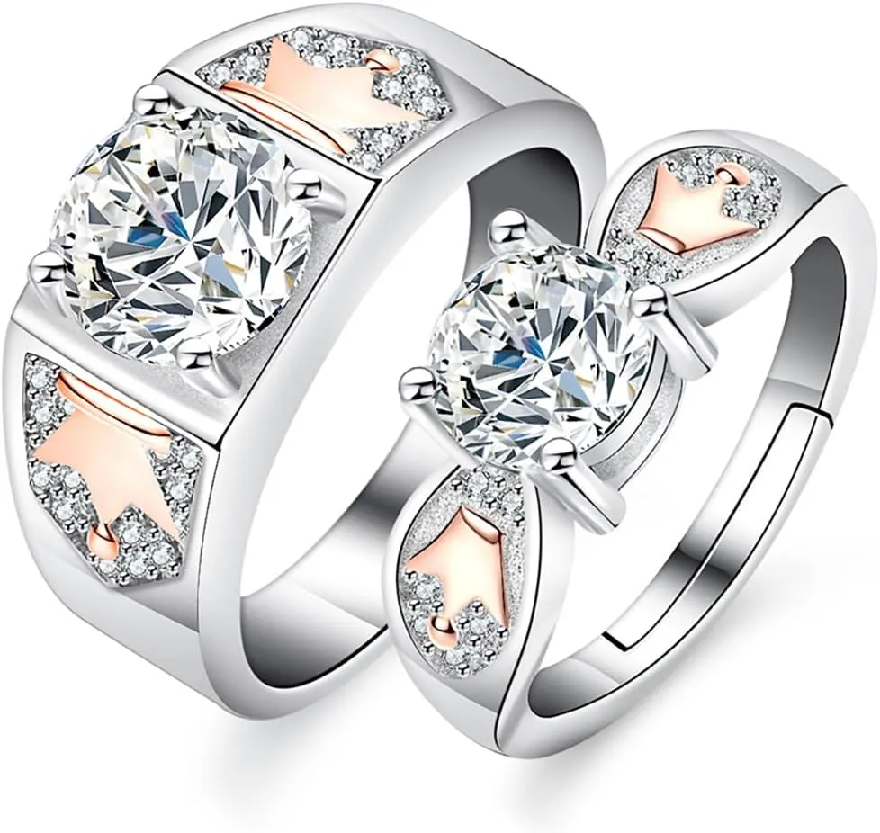 1/2 Carat Diamond Adjustable Couple Promise Rings Royal Crown in 14K Gold,Wedding Rings for Him and Her(VVS1,D-color)