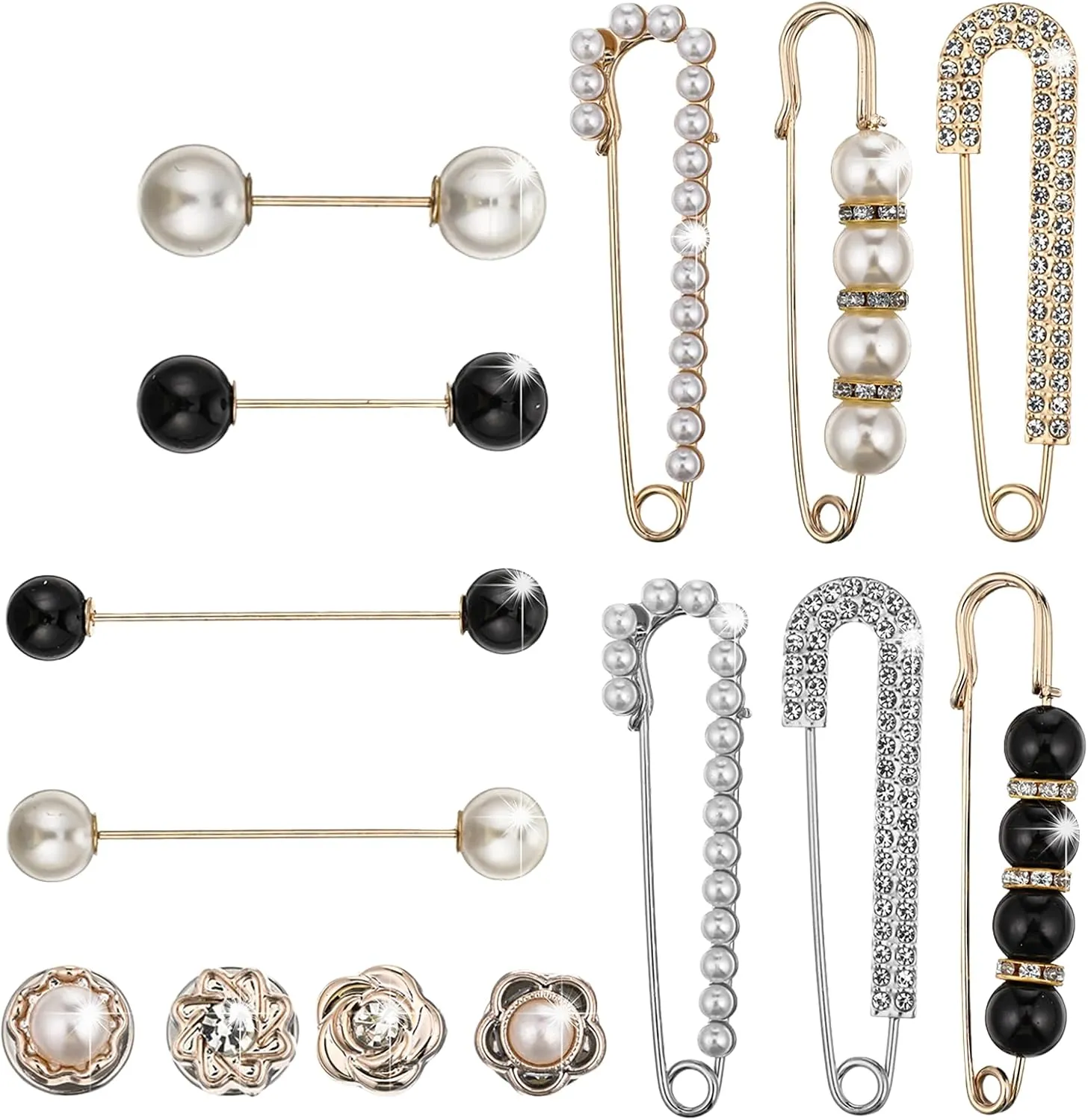 14 Pcs Pearl Brooch Pins, Sweater Shawl Hat Safety Pins for Clothes Decorative Safety Clips for Women Fashion Dress Pants Scarves Jackets Tops Jeans and Dresses(Black White)