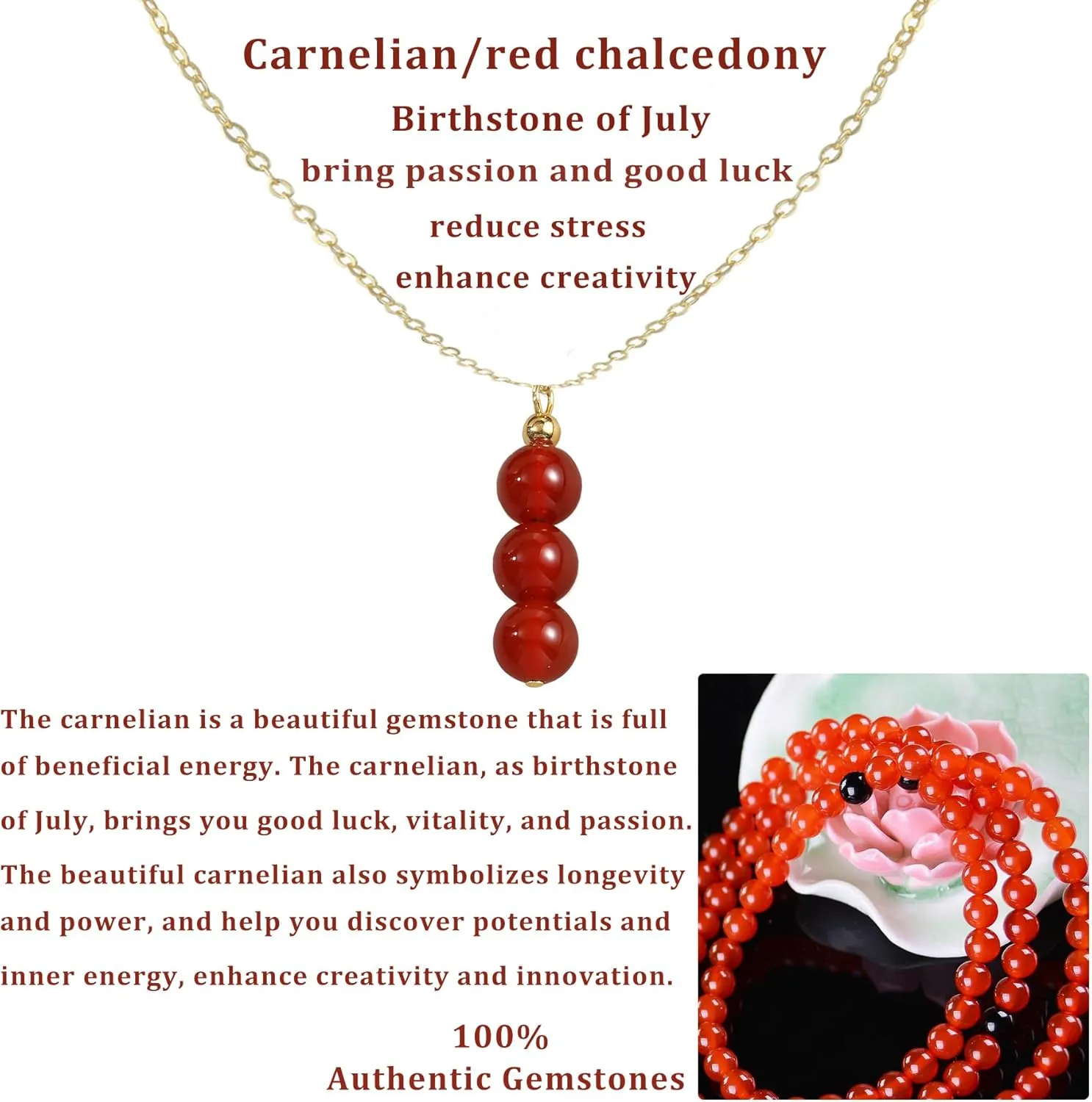 14K Genuine Gold Plated Necklace with Natural Stone Beads Pendant, Gemstone Healing Crystal Necklace, Jade Necklace for Women Jewelry Gifts for Women