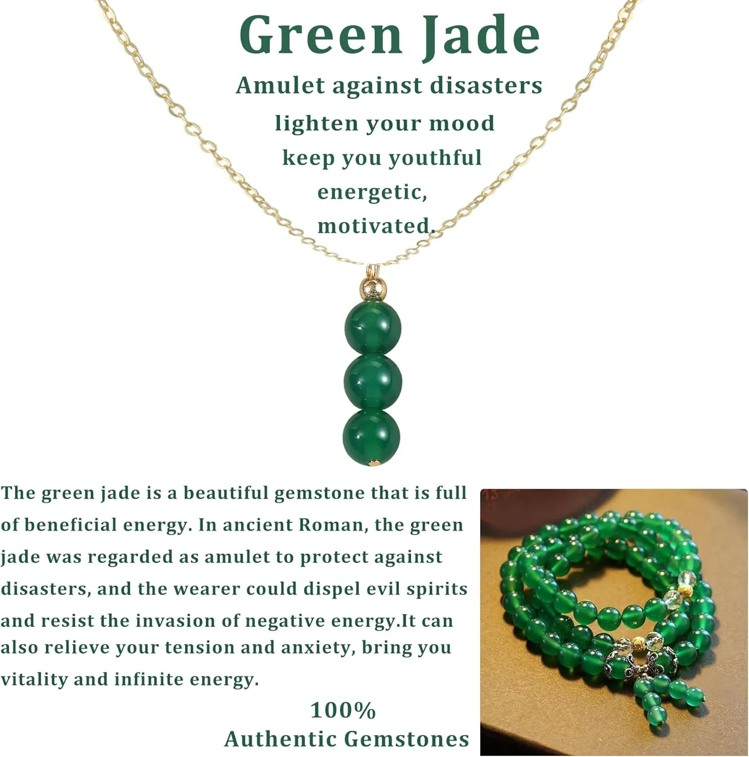 14K Genuine Gold Plated Necklace with Natural Stone Beads Pendant, Gemstone Healing Crystal Necklace, Jade Necklace for Women Jewelry Gifts for Women