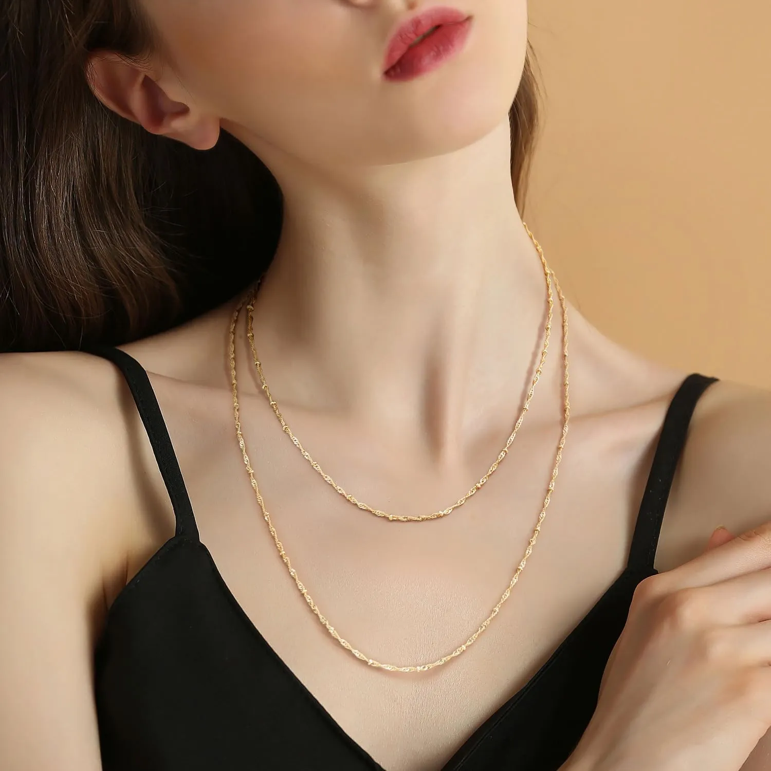 14K Gold Necklaces for Women and Mens Necklace Chain 1.5mm Rope Gold Chain for Women 2.2mm Beads Cute Golden Beaded Necklaces Waterproof Jewelry 16-26in