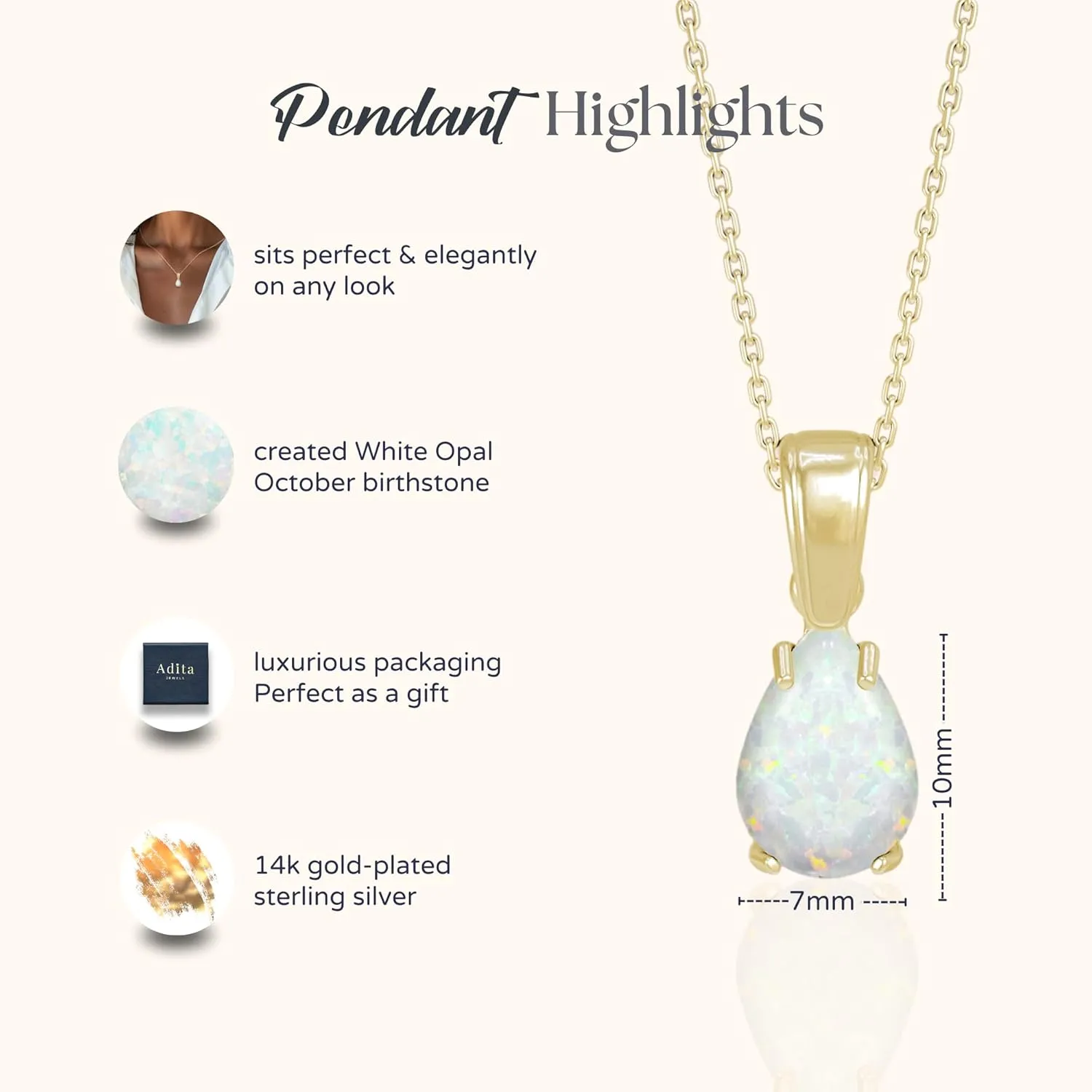 14K Gold Plated Opal Necklace for Women - October Birthestone Teardrop Necklace - Gold Jewelry for Women - Dainty Gold Necklace - Everyday Necklaces - Gold Necklaces for Women