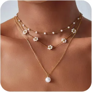14K Gold Plated Pearl Flower Necklace Set for Women, Elegant Daisy & Layered Choker - Trendy gold necklaces for women, pearl accessories, layered gold necklace, dainty jewelry Gift for Her
