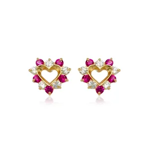 14k Gold Ruby Color CZ Heart Stud Earrings