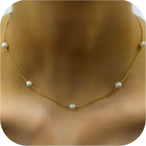 14k Gold/Silver/Rose Plated Pearl Necklaces for Women | Simulated Diamond By The Yard Station Necklace | Dainty Solitaire Pendant Necklace with station Cubic Zirconia - Womens CZ Chain Necklace
