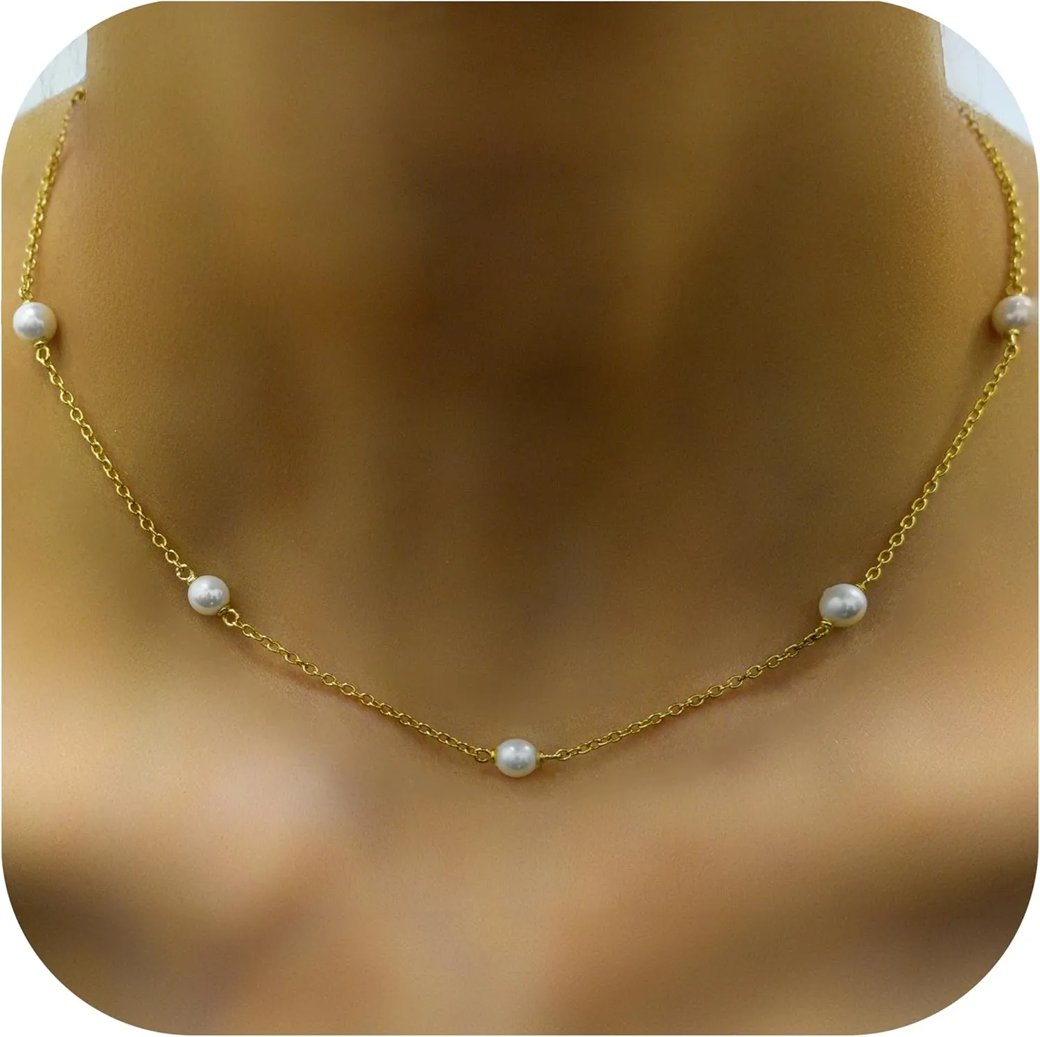 14k Gold/Silver/Rose Plated Pearl Necklaces for Women | Simulated Diamond By The Yard Station Necklace | Dainty Solitaire Pendant Necklace with station Cubic Zirconia - Womens CZ Chain Necklace