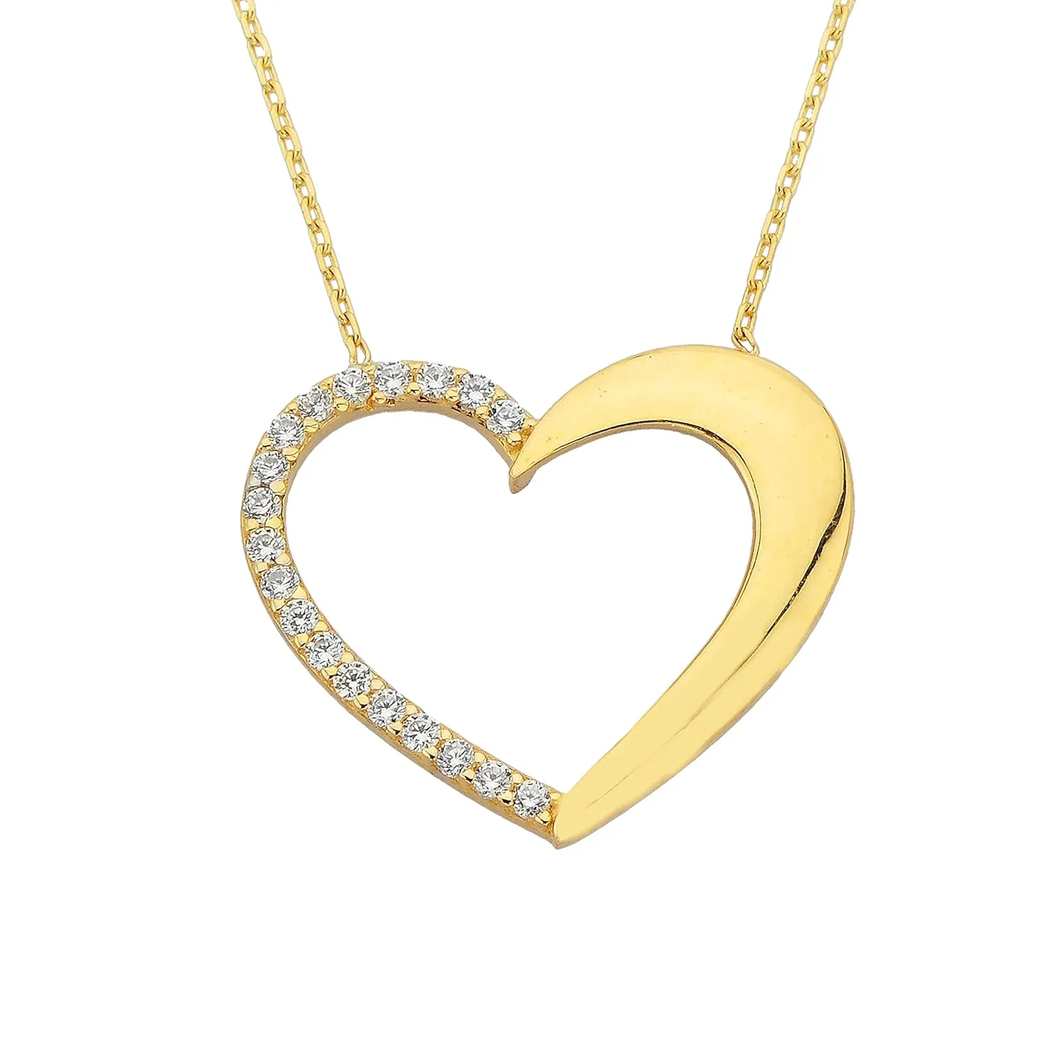 14K Real Solid Gold Heart Pendant Necklace Half Decorated with Zirconia Stones | Layered Necklaces | Gold Necklaces for Women