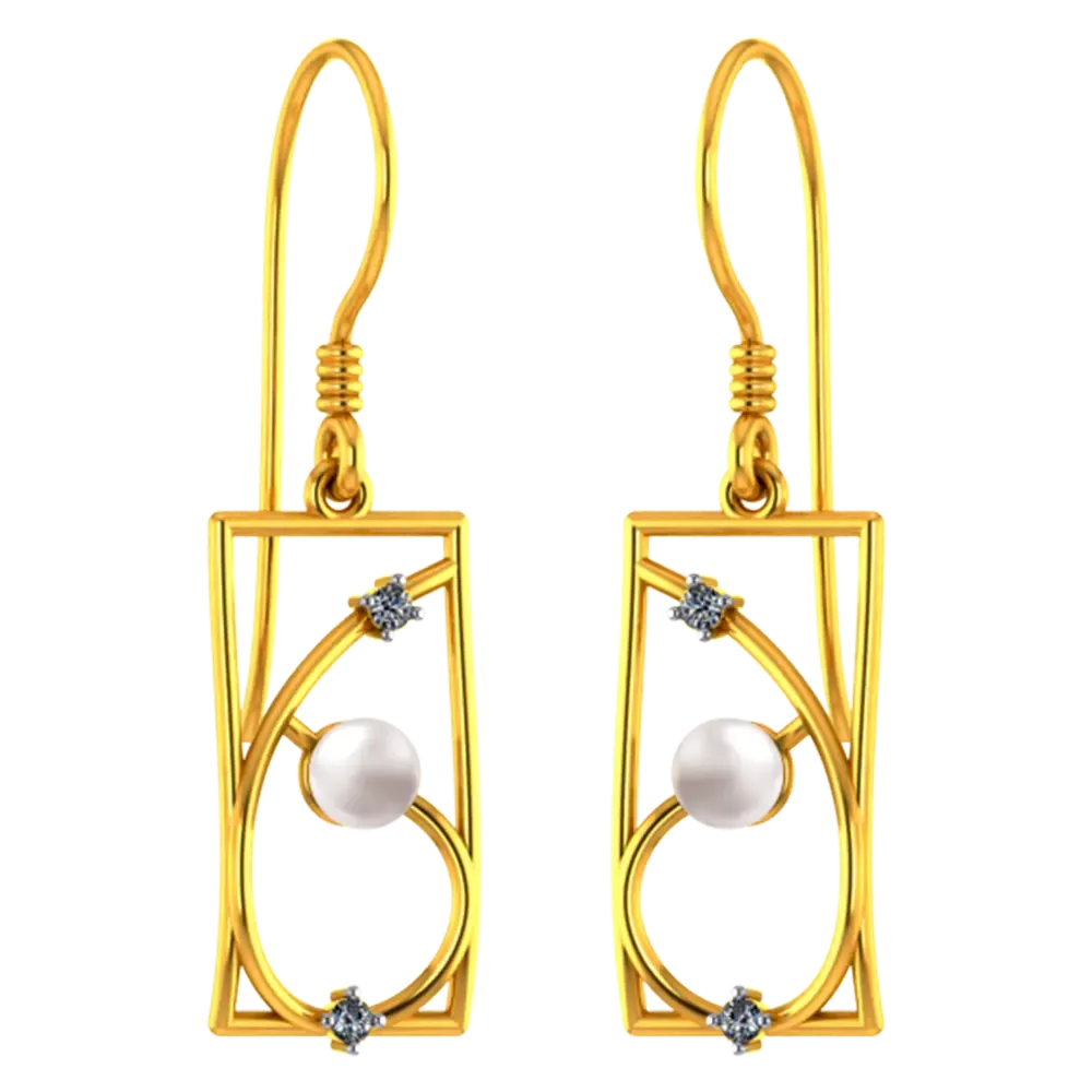14k Rectangular Gold Earrings With Unique Design And A Pearl
