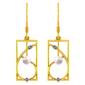14k Rectangular Gold Earrings With Unique Design And A Pearl