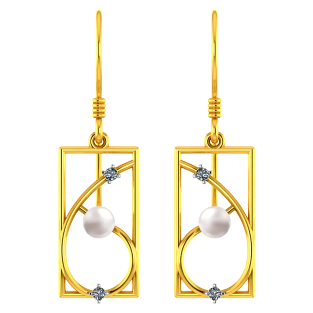 14k Rectangular Gold Earrings With Unique Design And A Pearl