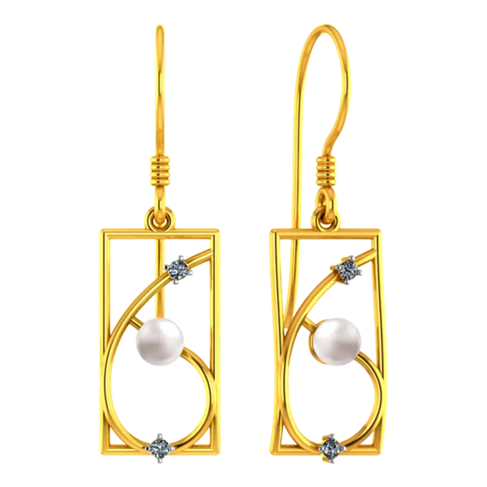 14k Rectangular Gold Earrings With Unique Design And A Pearl