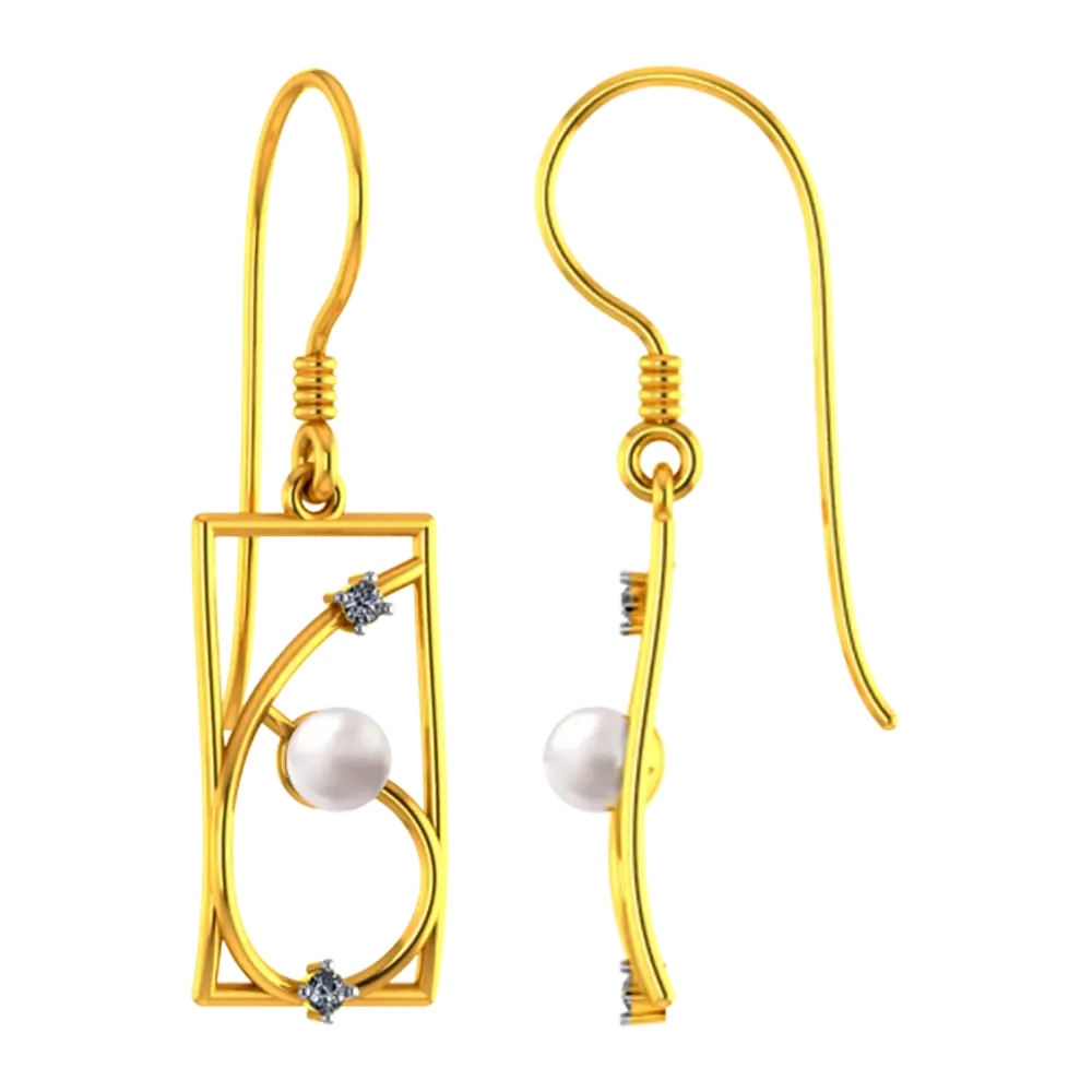 14k Rectangular Gold Earrings With Unique Design And A Pearl