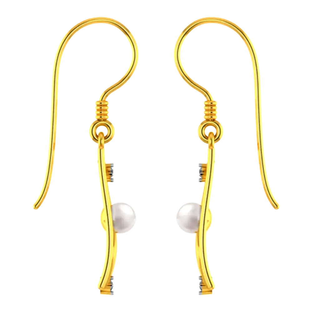 14k Rectangular Gold Earrings With Unique Design And A Pearl