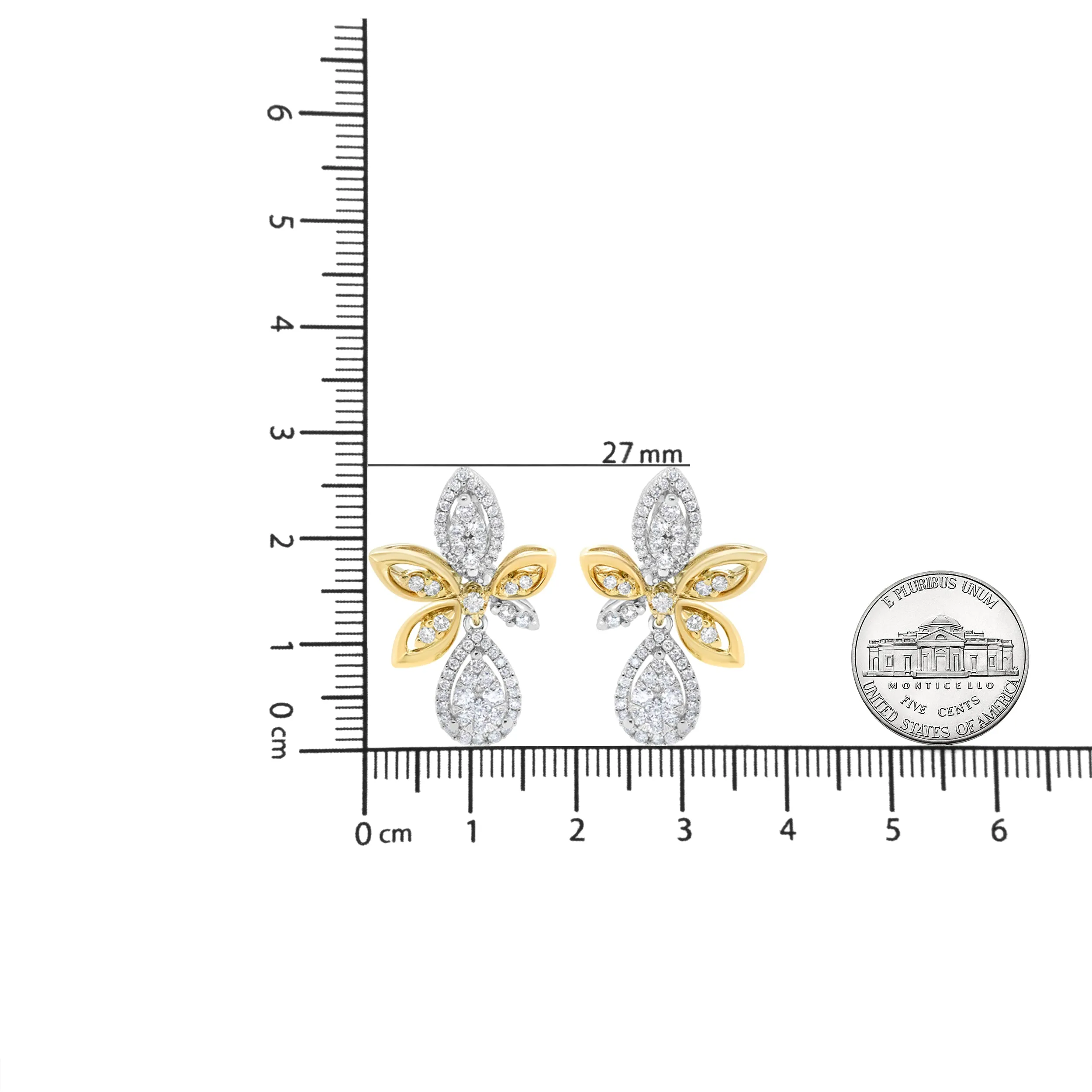14K White and Yellow Gold 1.00 Cttw Round Pave-Set Diamond Teardrop and Marquise Shape Drop Dangle Earrings