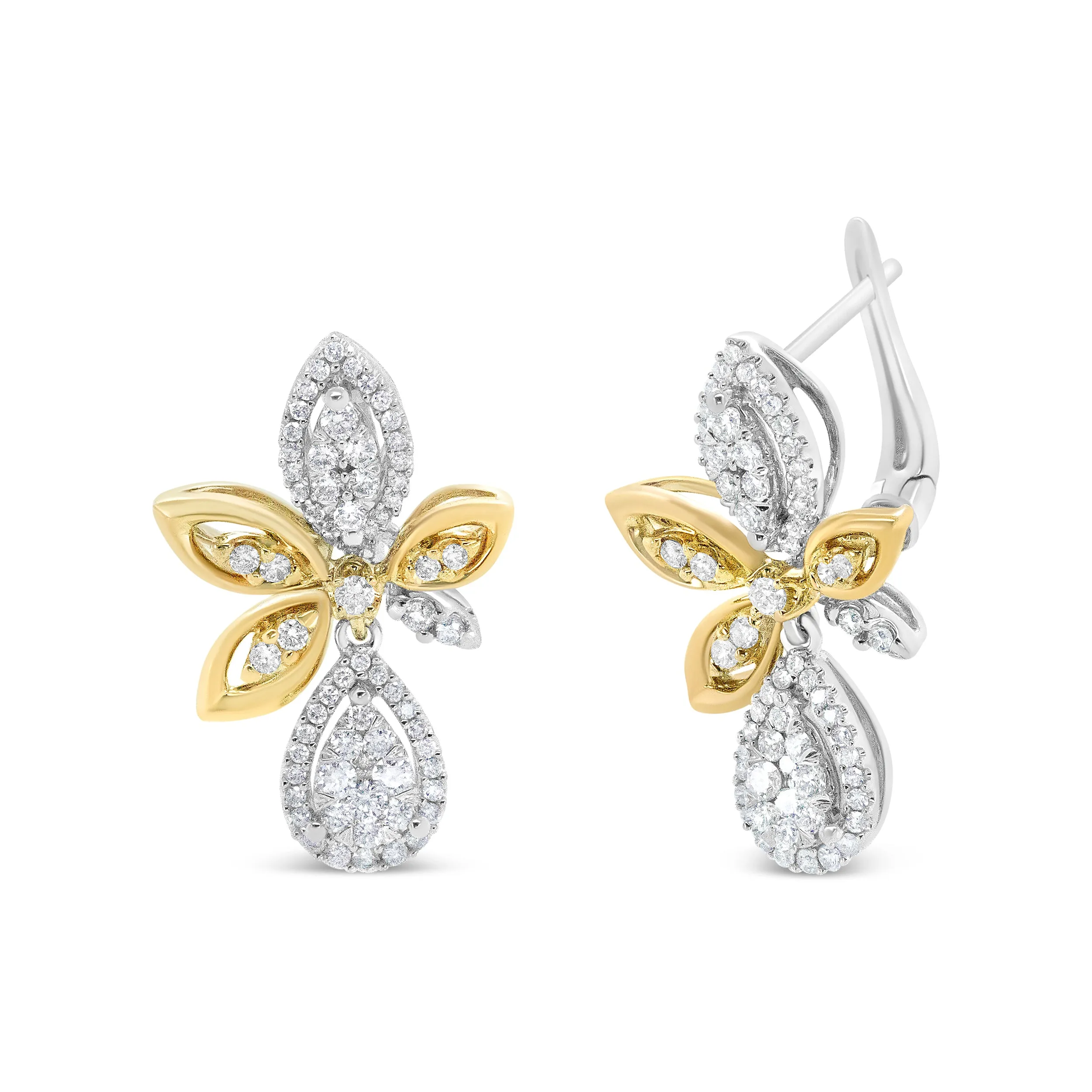 14K White and Yellow Gold 1.00 Cttw Round Pave-Set Diamond Teardrop and Marquise Shape Drop Dangle Earrings