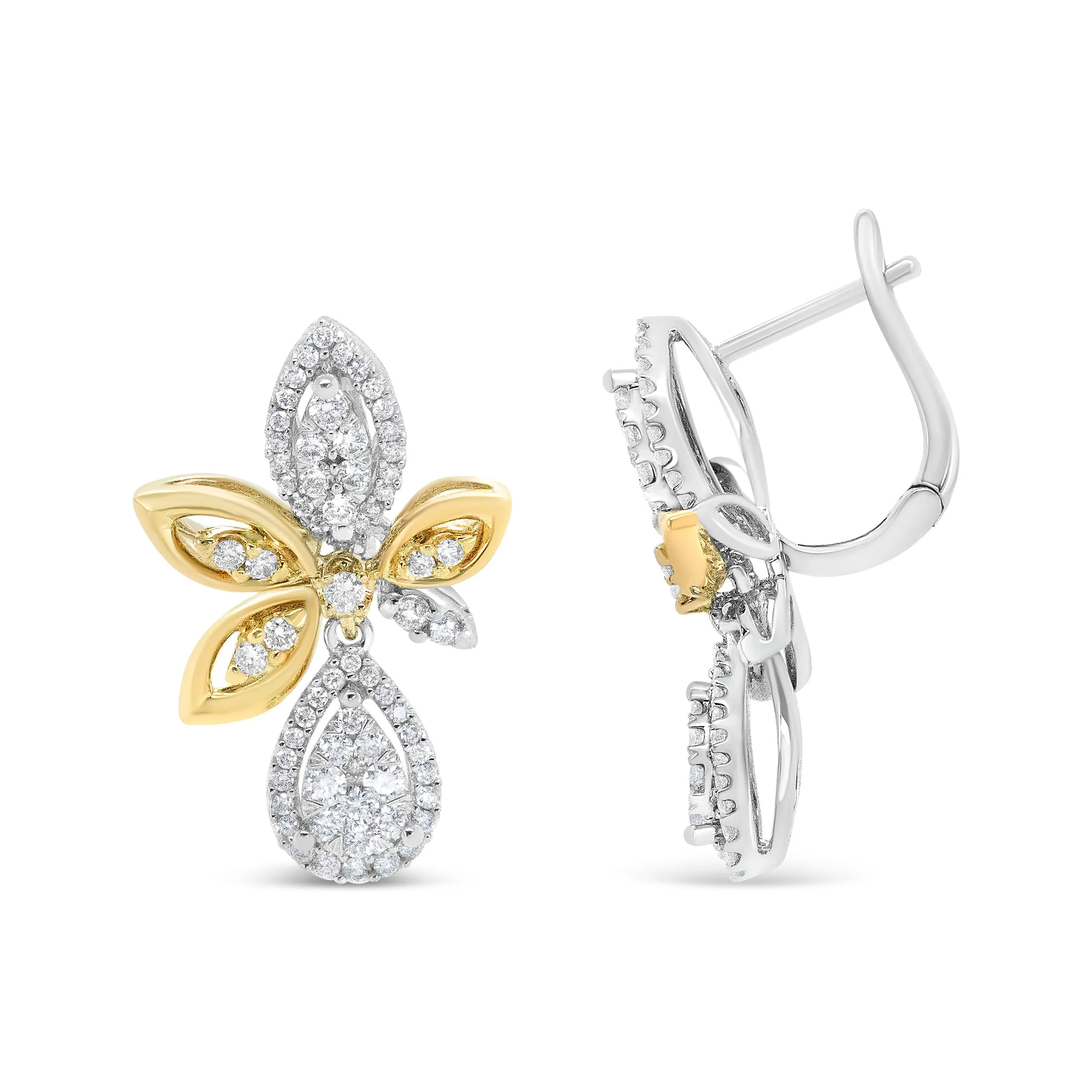 14K White and Yellow Gold 1.00 Cttw Round Pave-Set Diamond Teardrop and Marquise Shape Drop Dangle Earrings