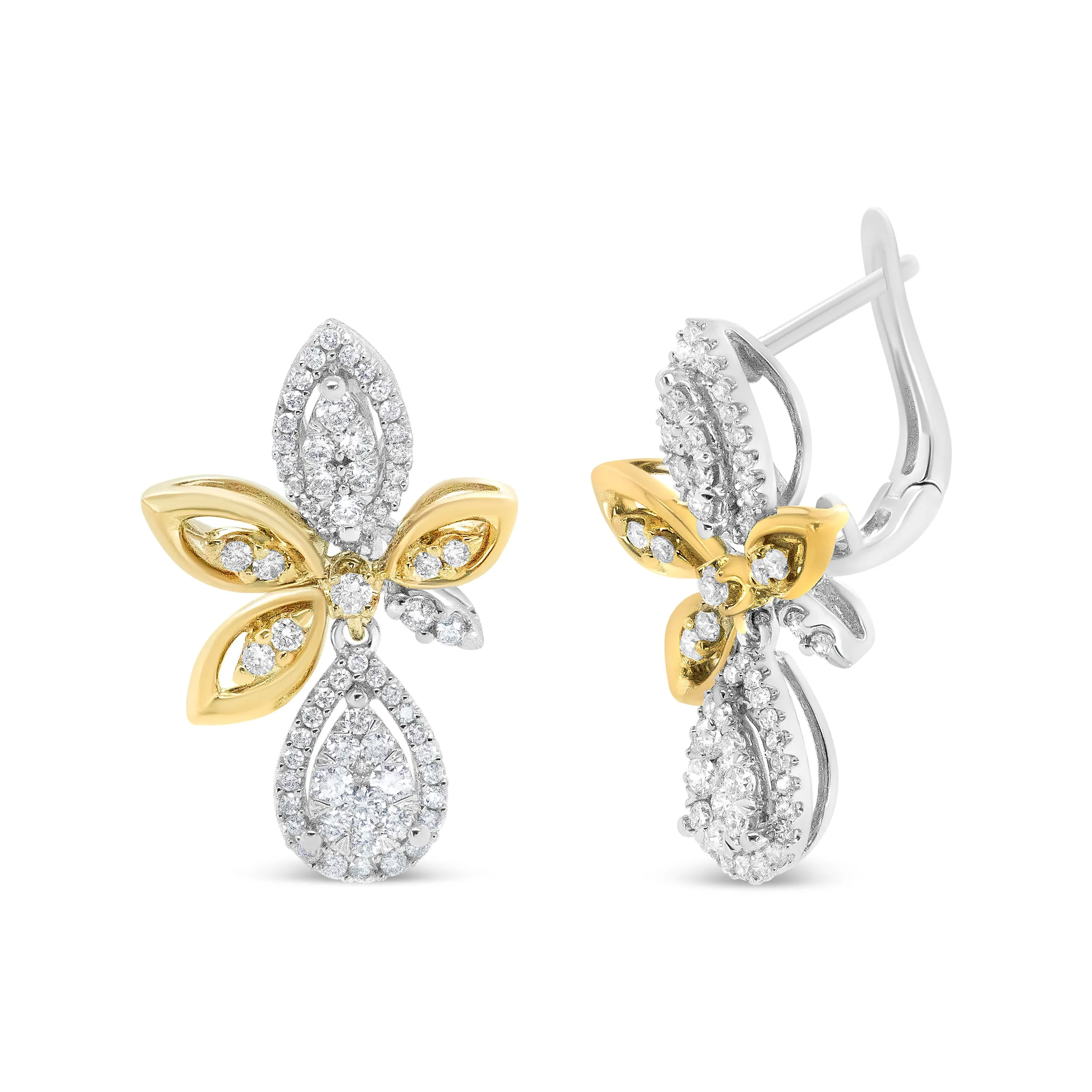 14K White and Yellow Gold 1.00 Cttw Round Pave-Set Diamond Teardrop and Marquise Shape Drop Dangle Earrings