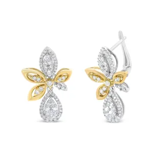 14K White and Yellow Gold 1.00 Cttw Round Pave-Set Diamond Teardrop and Marquise Shape Drop Dangle Earrings