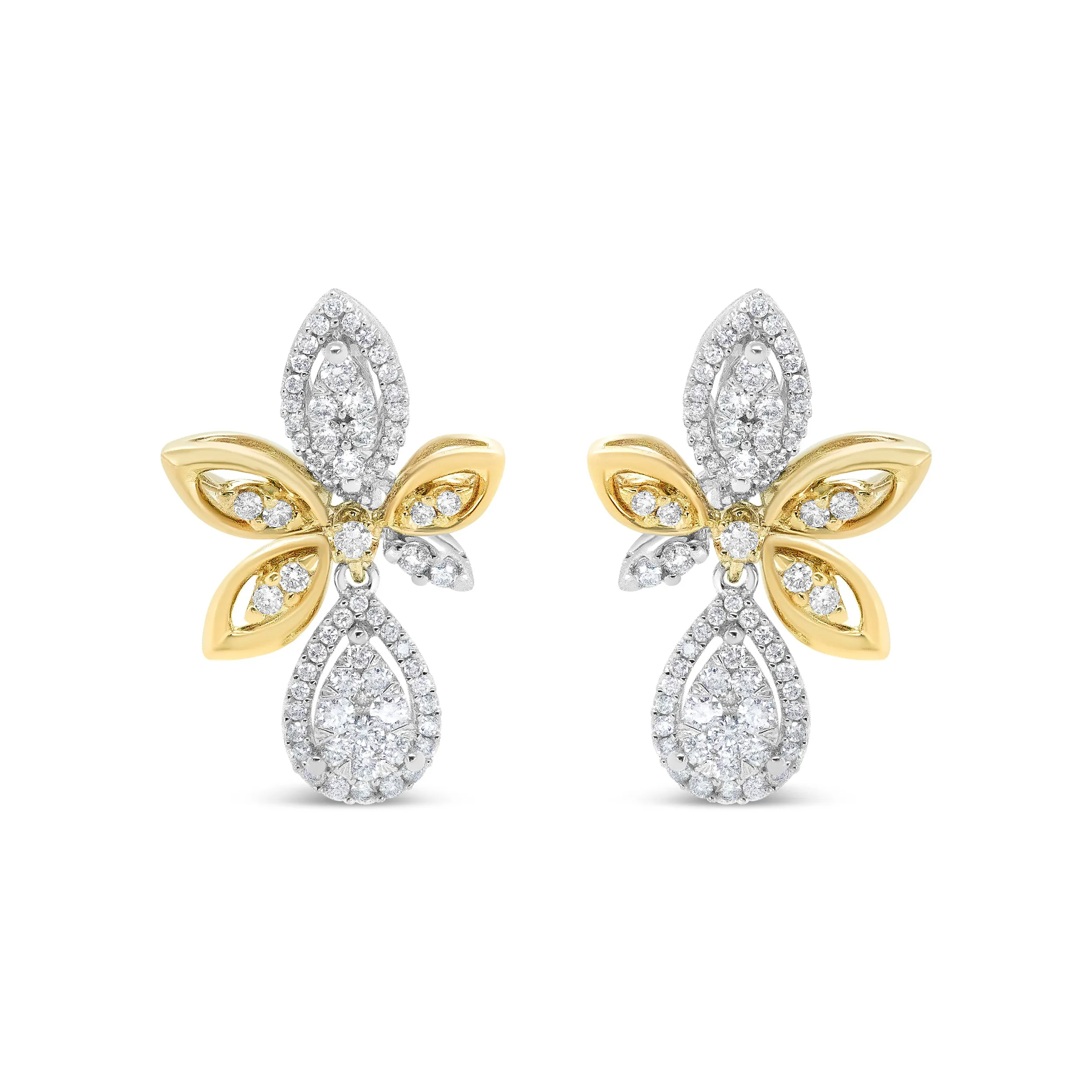 14K White and Yellow Gold 1.00 Cttw Round Pave-Set Diamond Teardrop and Marquise Shape Drop Dangle Earrings