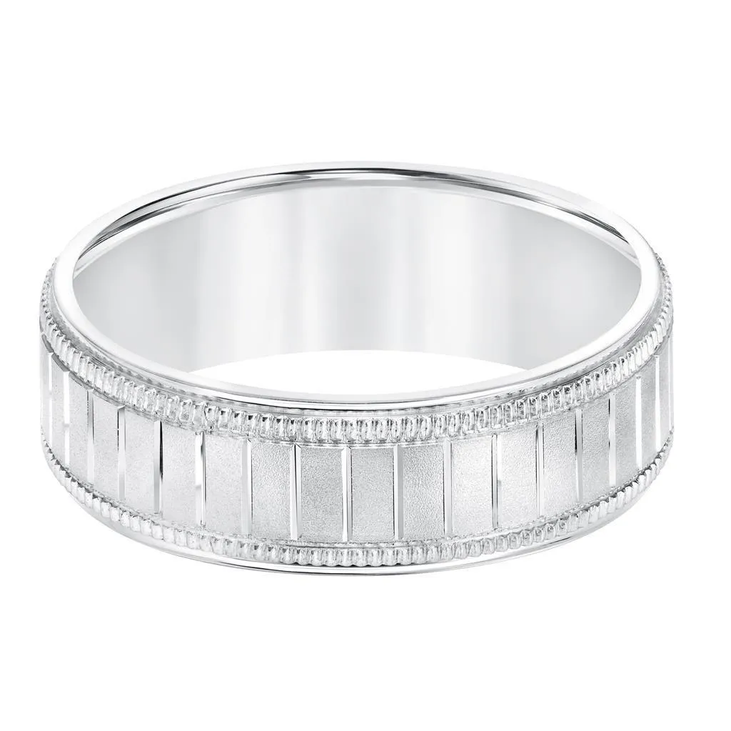 14k White Gold Men’s Milgrain Wedding Band with Polished Horizontal Grooves - 7mm