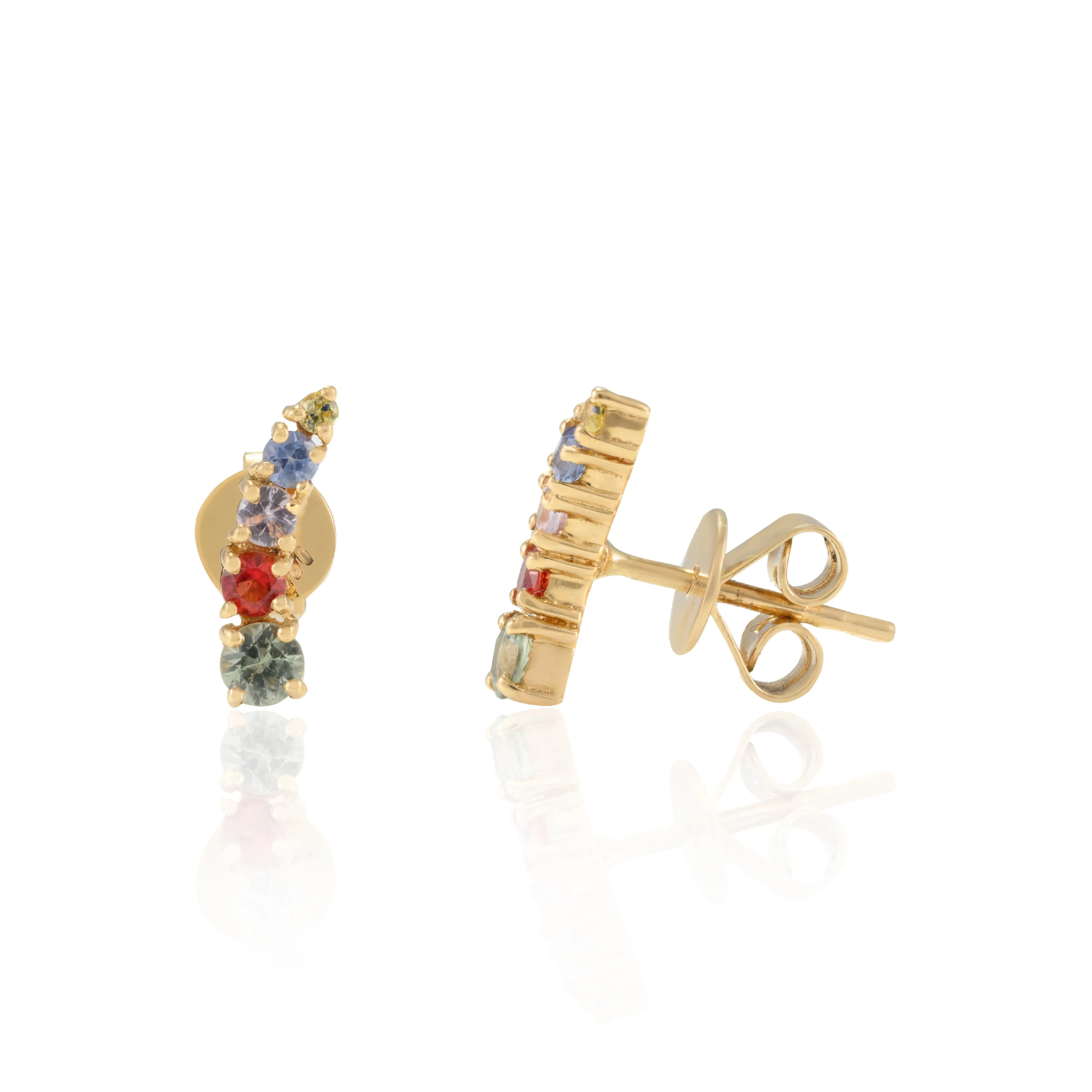 18K Gold Multi Gemstone Dainty Climber Stud Earrings