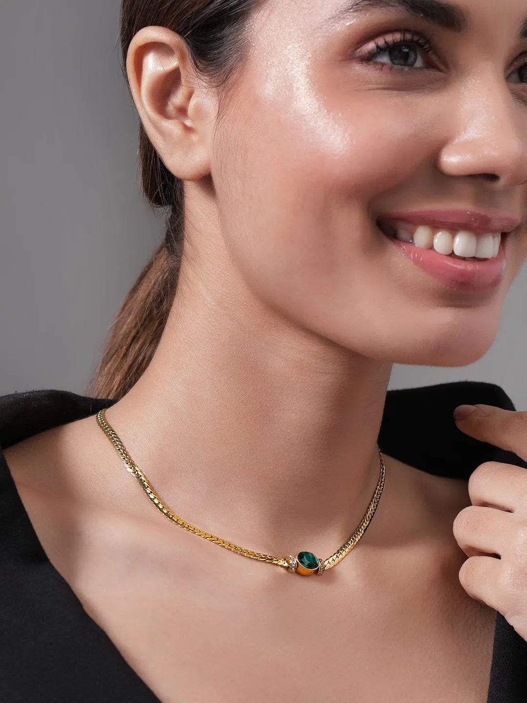 18K Gold Plated Stainless Steel Tarnish-Free Waterproof  Emerald CZ Studded Necklace