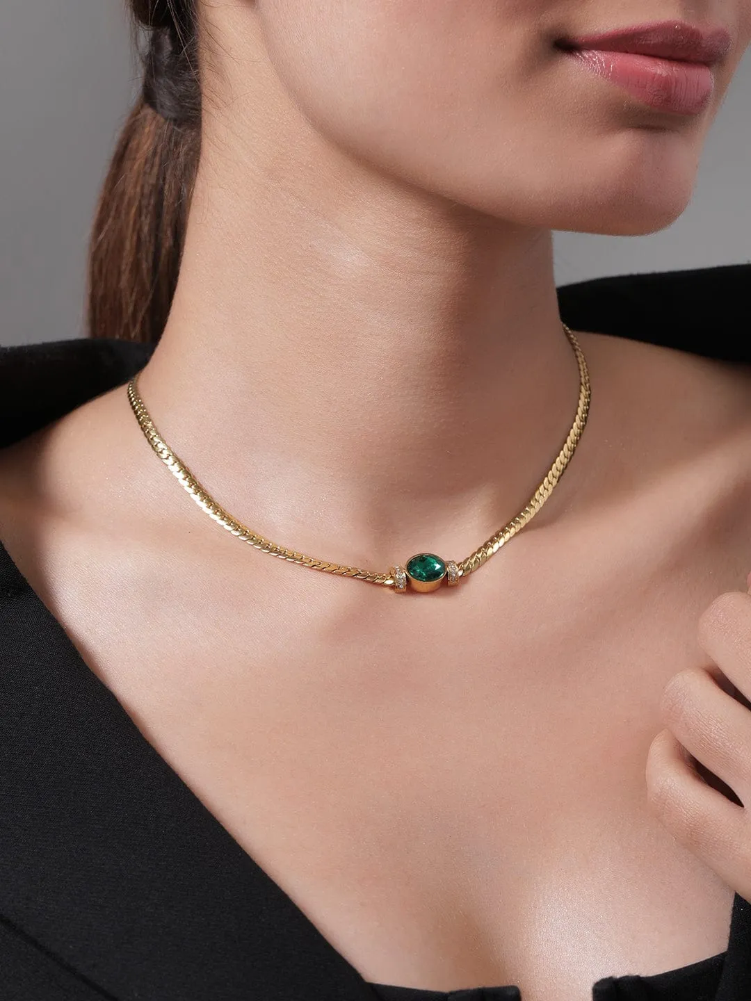 18K Gold Plated Stainless Steel Tarnish-Free Waterproof  Emerald CZ Studded Necklace