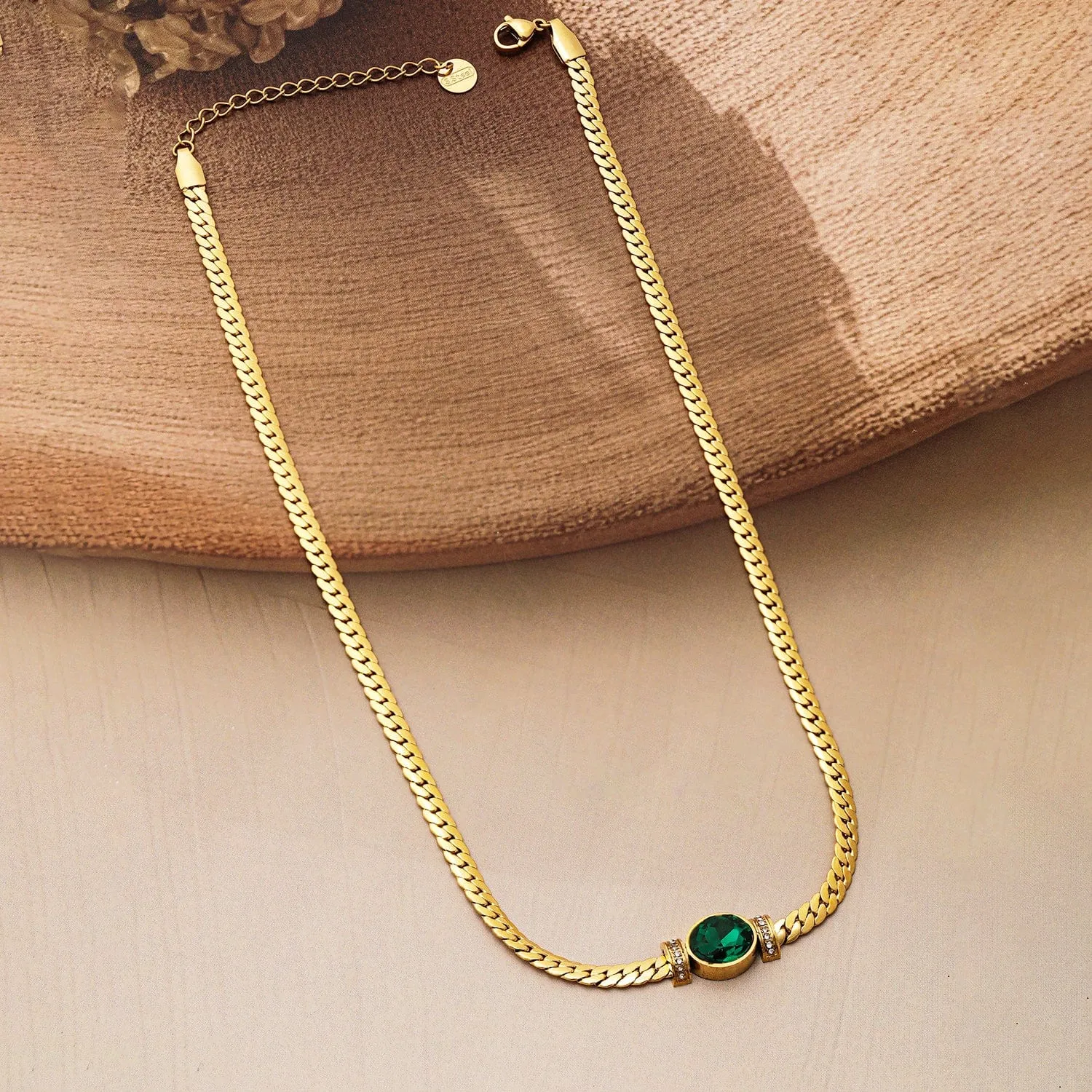 18K Gold Plated Stainless Steel Tarnish-Free Waterproof  Emerald CZ Studded Necklace