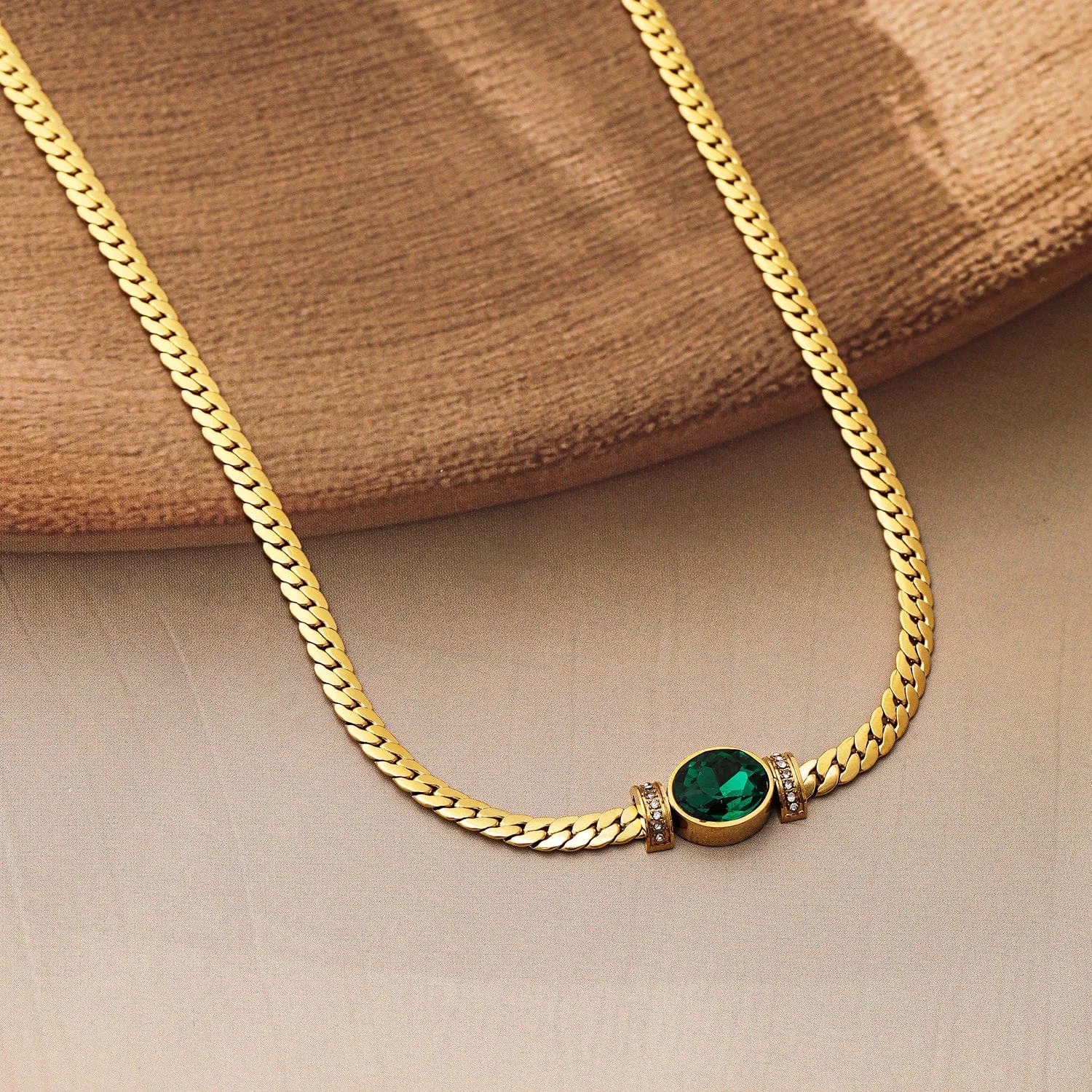 18K Gold Plated Stainless Steel Tarnish-Free Waterproof  Emerald CZ Studded Necklace