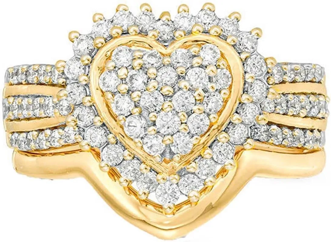 2 in 1 Heart Shape Ring Cubic Zirconia Wedding Band Imitation Diamond Exquisite Engagement Ring for Women