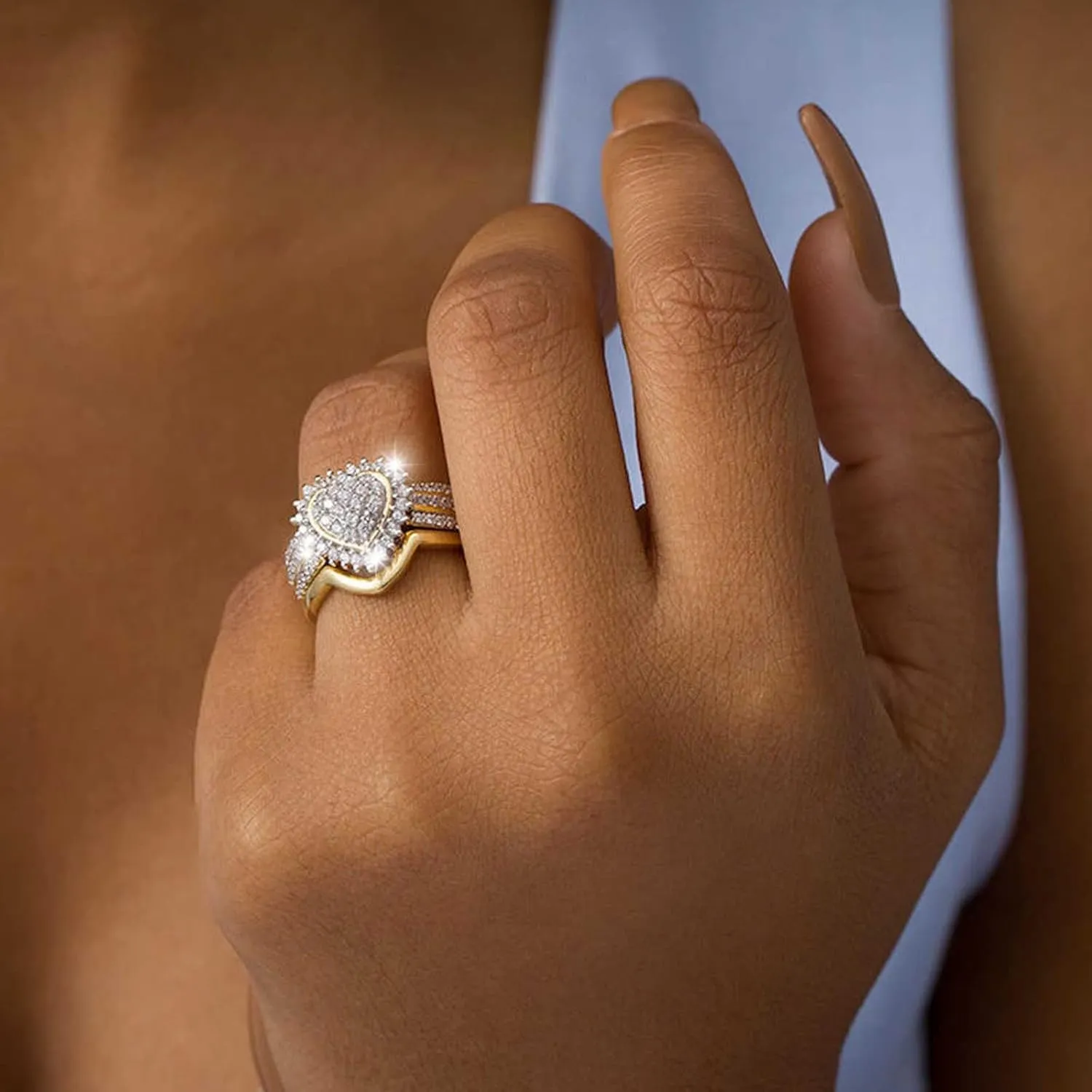2 in 1 Heart Shape Ring Cubic Zirconia Wedding Band Imitation Diamond Exquisite Engagement Ring for Women
