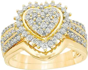 2 in 1 Heart Shape Ring Cubic Zirconia Wedding Band Imitation Diamond Exquisite Engagement Ring for Women