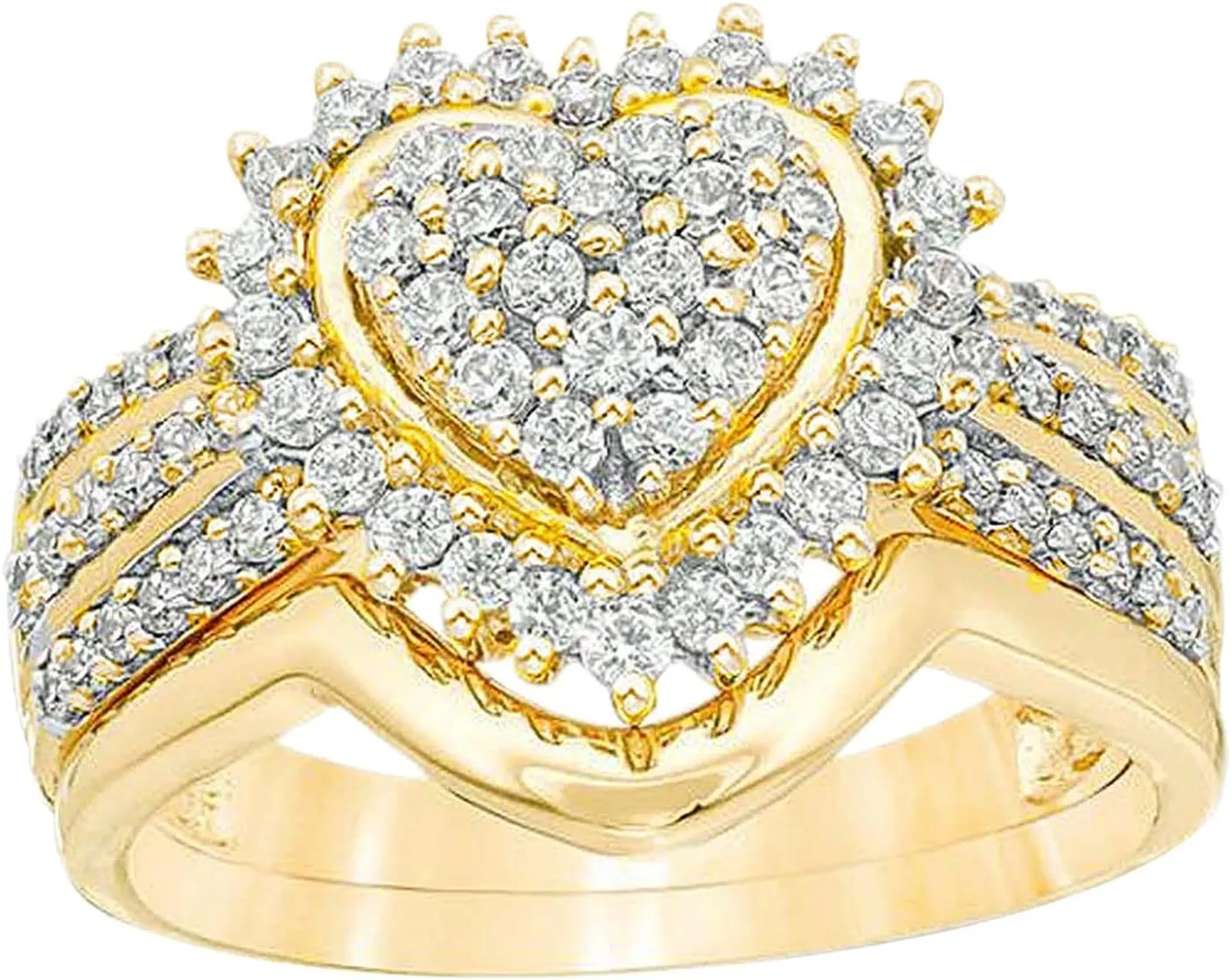 2 in 1 Heart Shape Ring Cubic Zirconia Wedding Band Imitation Diamond Exquisite Engagement Ring for Women