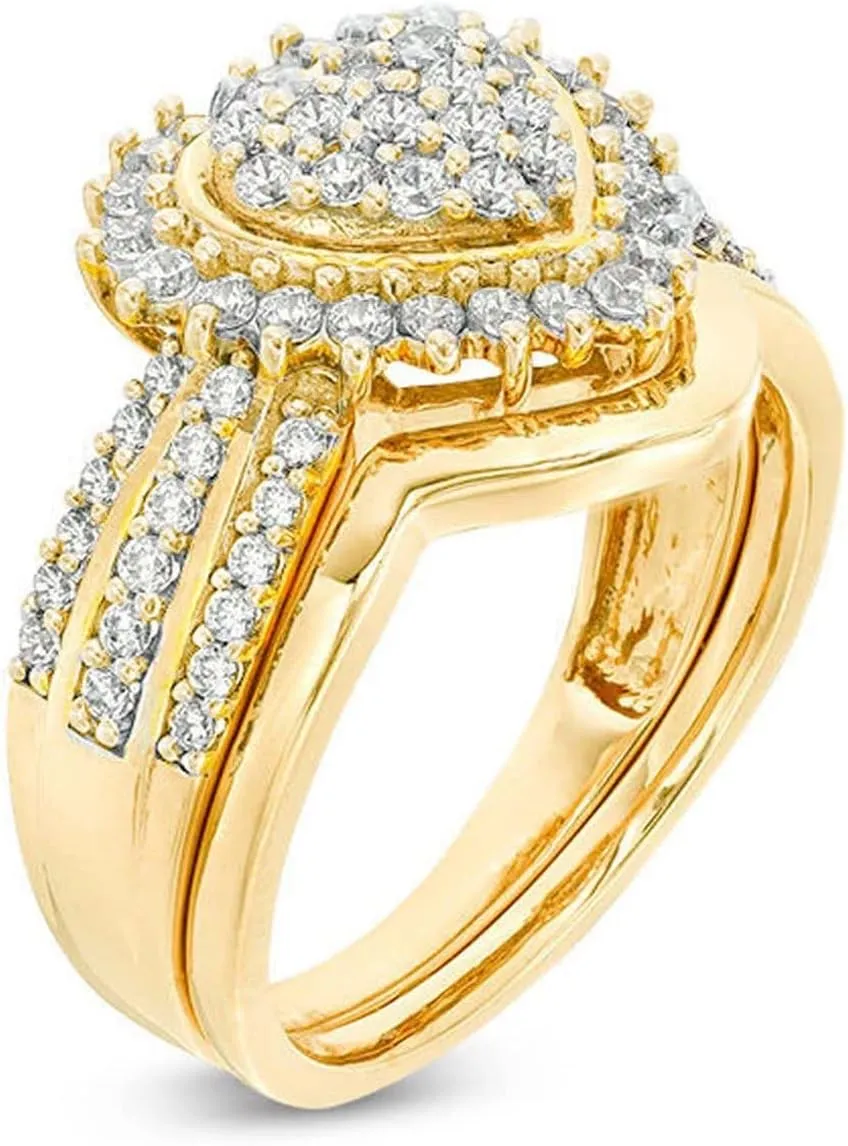 2 in 1 Heart Shape Ring Cubic Zirconia Wedding Band Imitation Diamond Exquisite Engagement Ring for Women