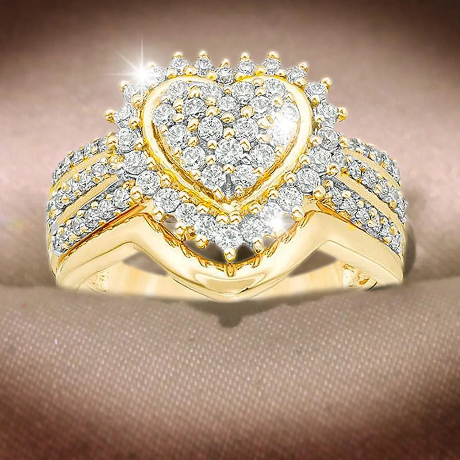 2 in 1 Heart Shape Ring Cubic Zirconia Wedding Band Imitation Diamond Exquisite Engagement Ring for Women