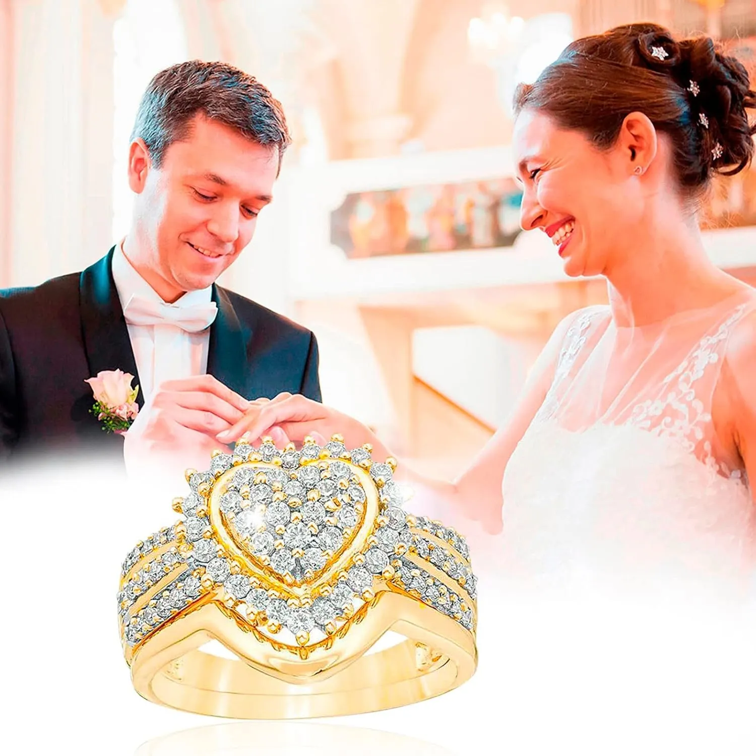 2 in 1 Heart Shape Ring Cubic Zirconia Wedding Band Imitation Diamond Exquisite Engagement Ring for Women
