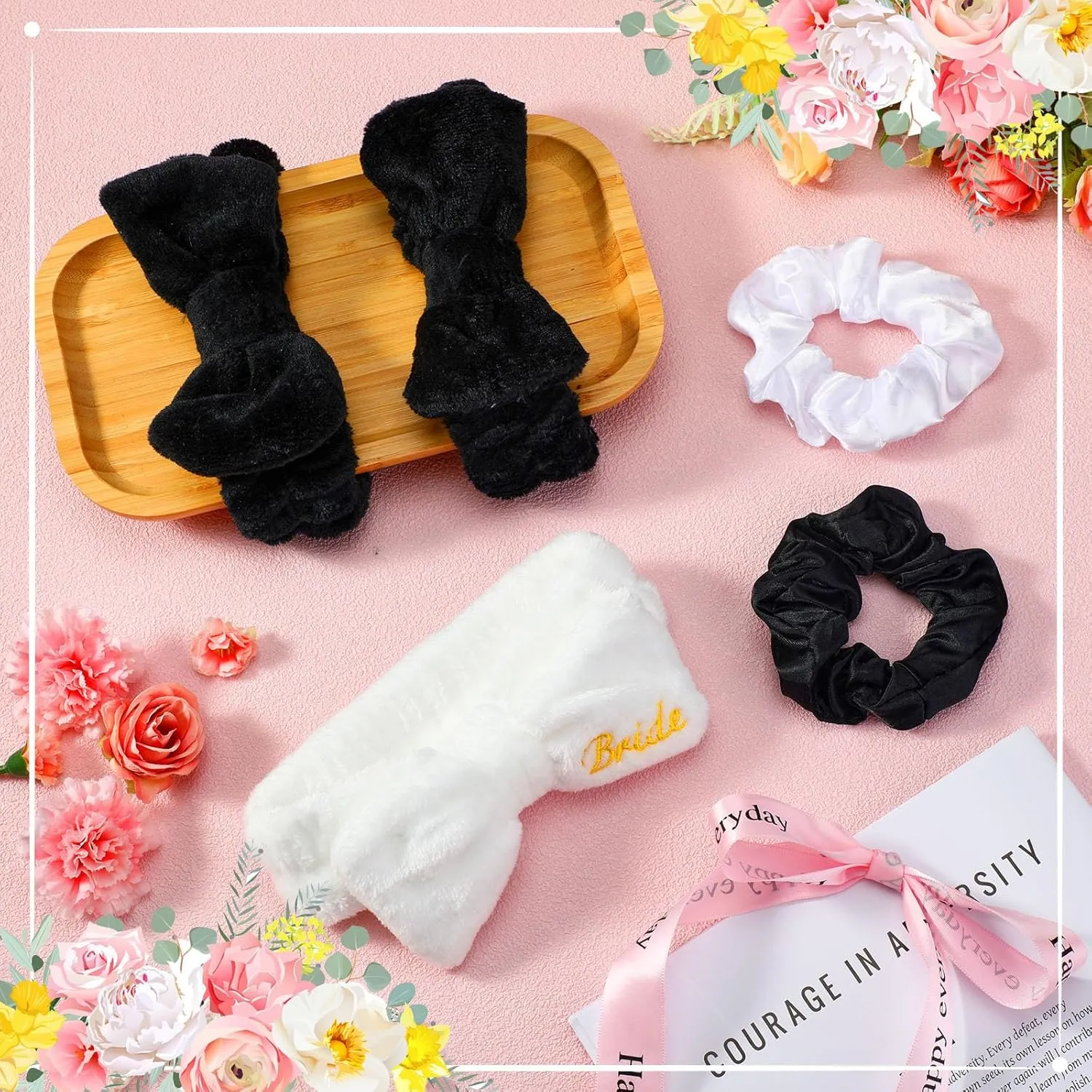 24 Pcs Sleepover Party Favors Include 12 Bride Bridesmaid Spa Headband 12 Bridesmaid Bride Scrunchies for Women Sleep over Spa Bachelorette Party Supplies(White,Black)