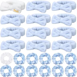 24 Pcs Sleepover Party Favors Include 12 Bride Bridesmaid Spa Headband 12 Bridesmaid Bride Scrunchies for Women Sleep over Spa Bachelorette Party Supplies(White,Blue)