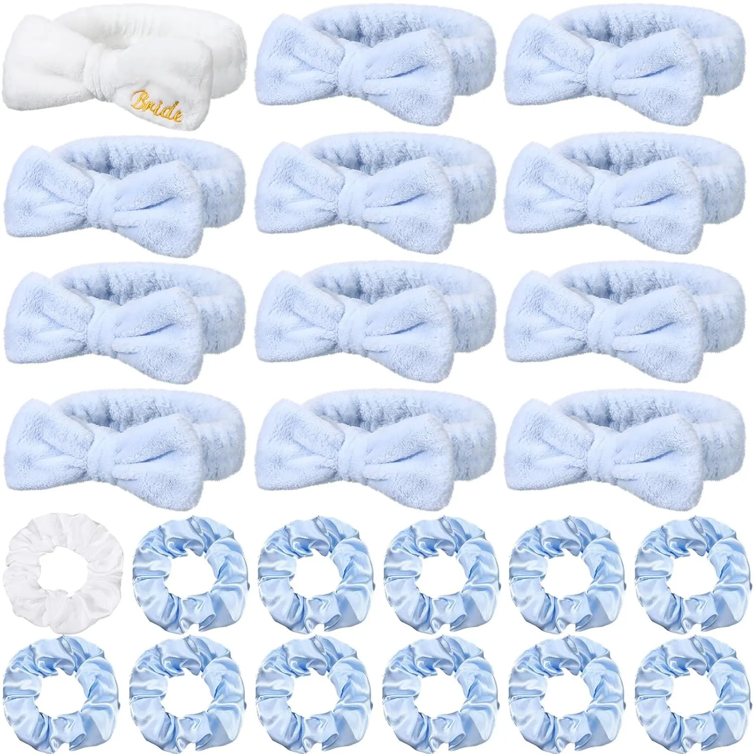24 Pcs Sleepover Party Favors Include 12 Bride Bridesmaid Spa Headband 12 Bridesmaid Bride Scrunchies for Women Sleep over Spa Bachelorette Party Supplies(White,Blue)