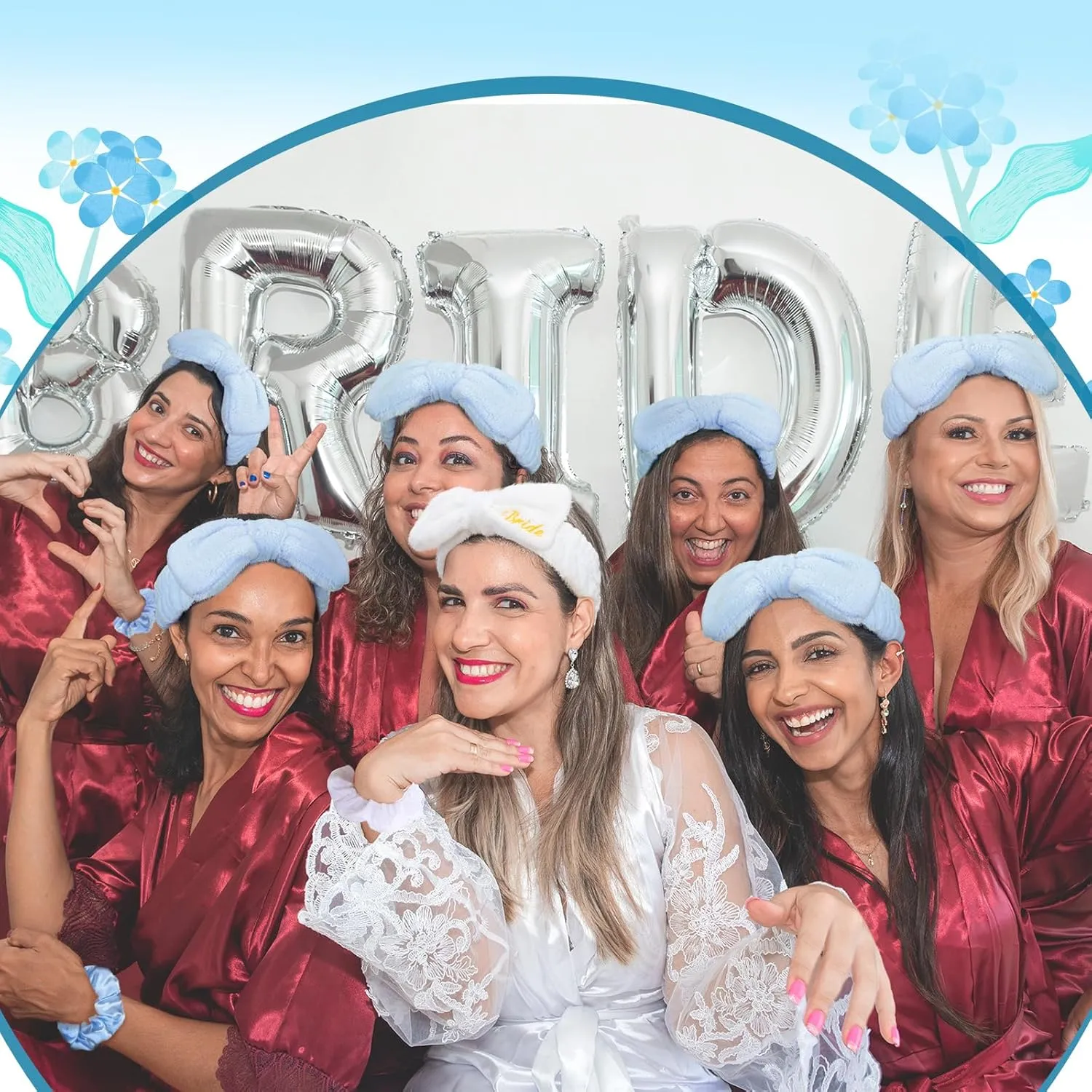 24 Pcs Sleepover Party Favors Include 12 Bride Bridesmaid Spa Headband 12 Bridesmaid Bride Scrunchies for Women Sleep over Spa Bachelorette Party Supplies(White,Blue)