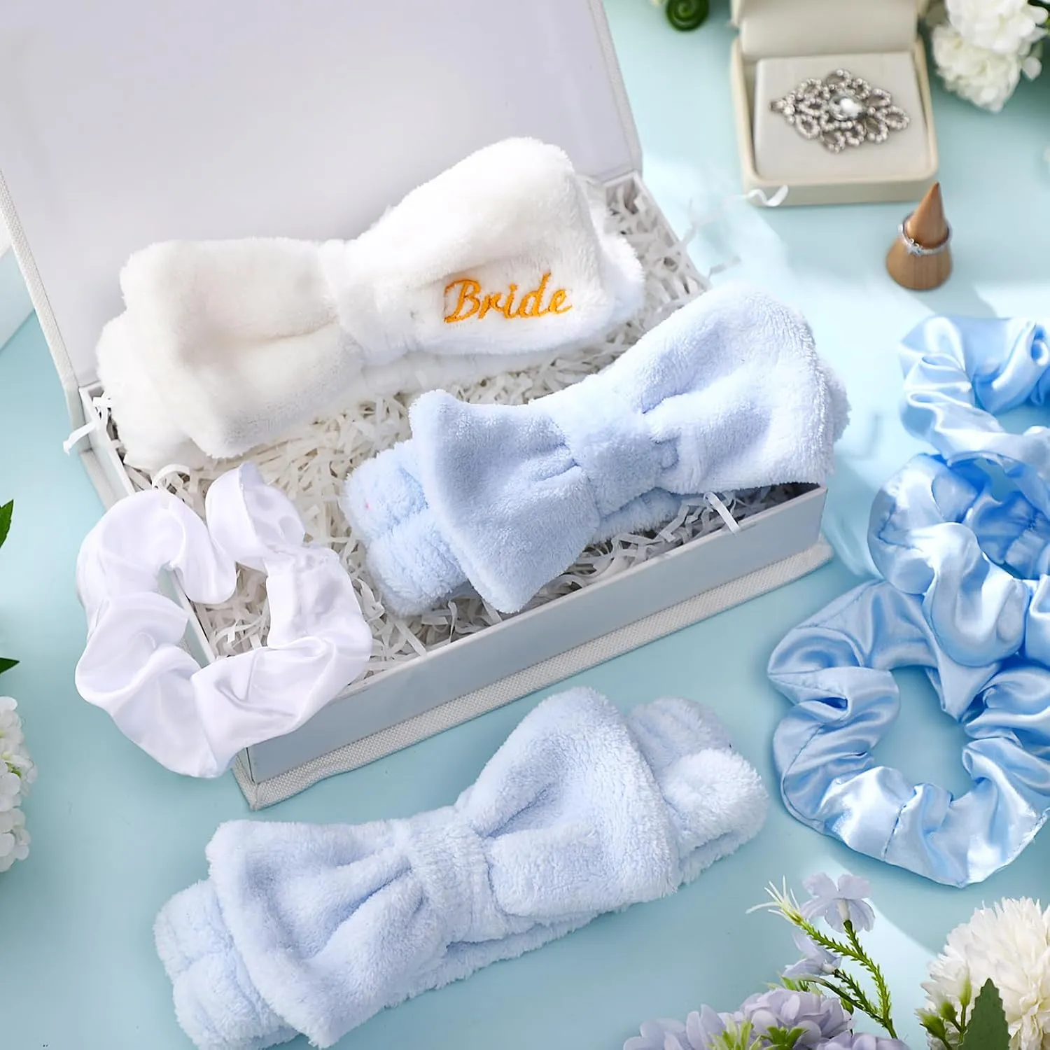 24 Pcs Sleepover Party Favors Include 12 Bride Bridesmaid Spa Headband 12 Bridesmaid Bride Scrunchies for Women Sleep over Spa Bachelorette Party Supplies(White,Blue)
