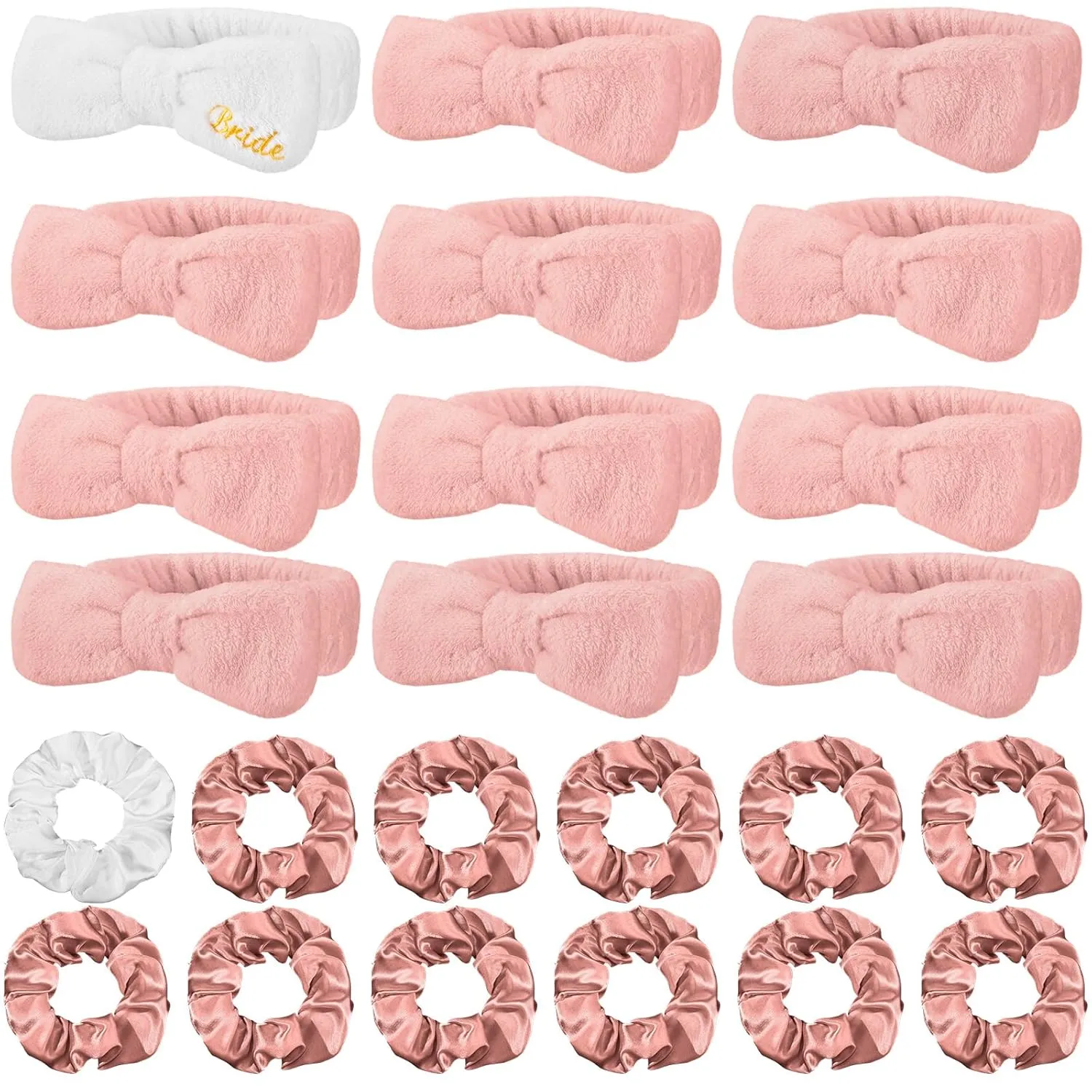 24 Pcs Sleepover Party Favors Include 12 Bride Bridesmaid Spa Headband 12 Bridesmaid Bride Velvet Scrunchies for Women Sleep over Spa Bachelorette Party Supplies (White, Rose Gold)