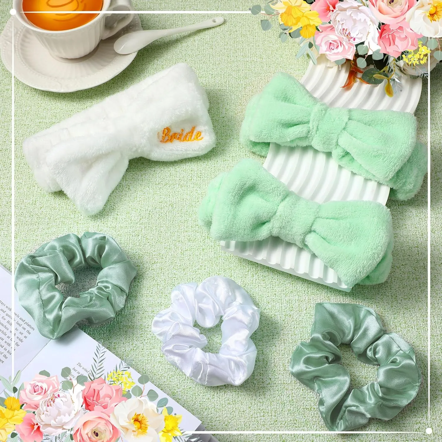 24 Pcs Sleepover Party Favors Include 12 Bride Bridesmaid Spa Headband 12 Bridesmaid Bride Velvet Scrunchies for Women Sleep over Spa Bachelorette Party Supplies(White, Green)