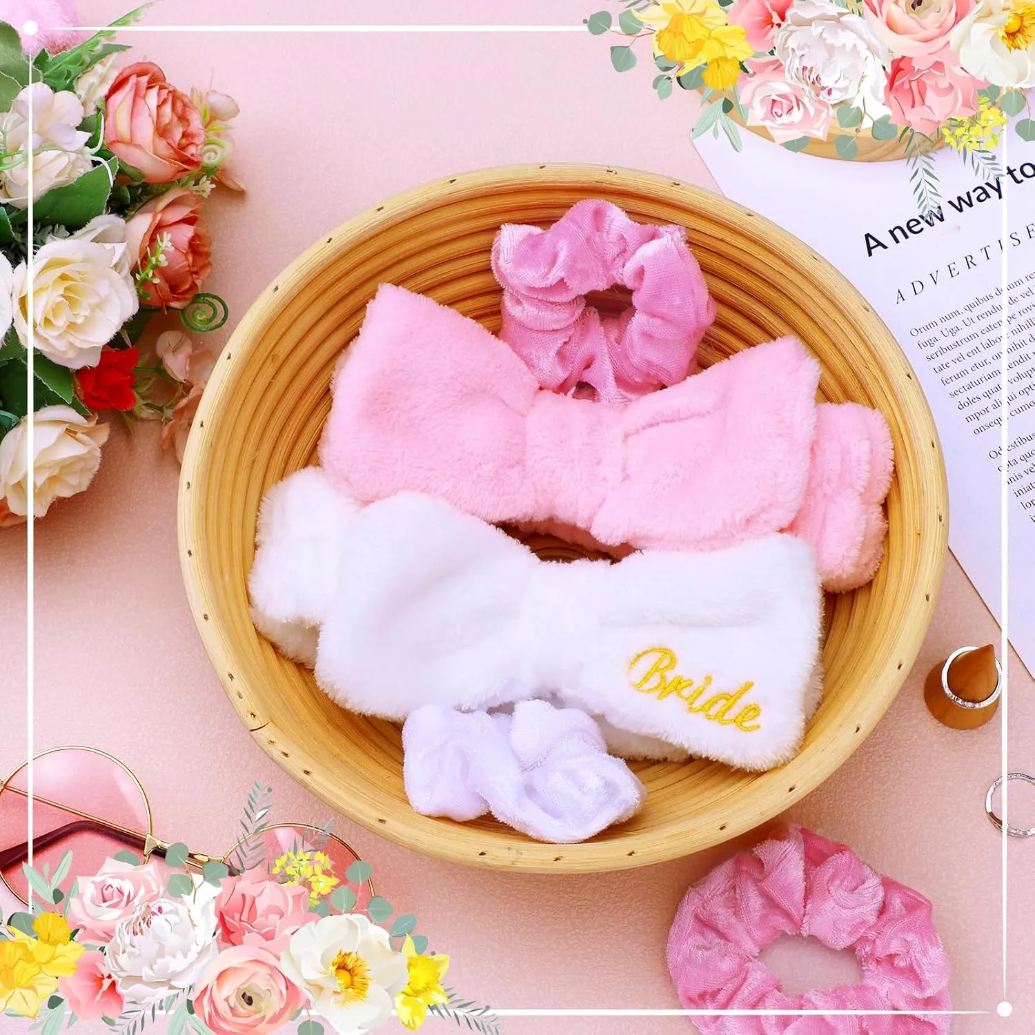 24 Pcs Sleepover Party Favors Include 12 Bride Bridesmaid Spa Headband 12 Bridesmaid Bride Velvet Scrunchies for Women Sleep over Spa Bachelorette Party Supplies(White,Pink)