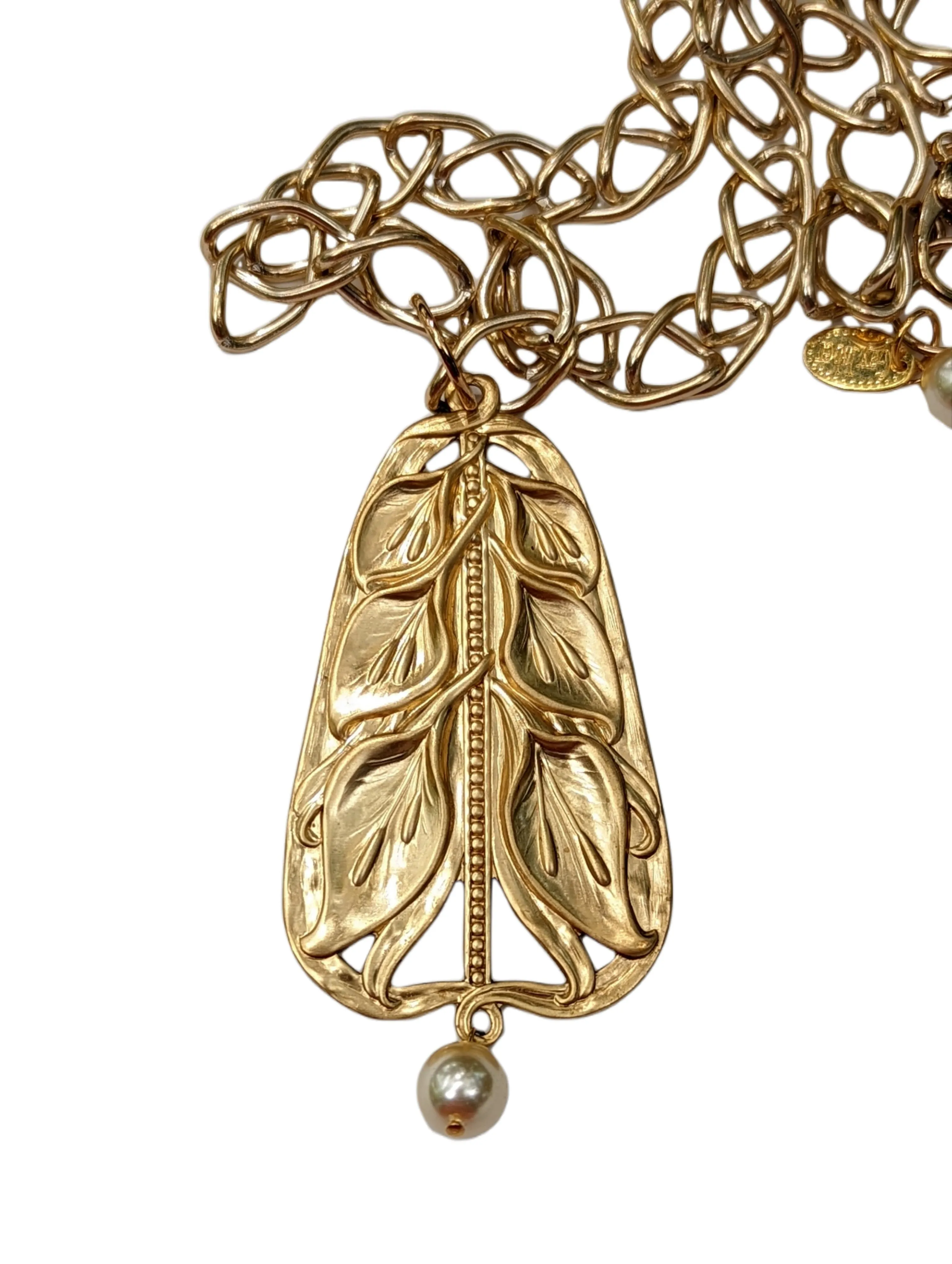 24k gold plated Art Nouveau Brass Pendant Necklace with Vintage Pearl USA Gay Isber Gift Box